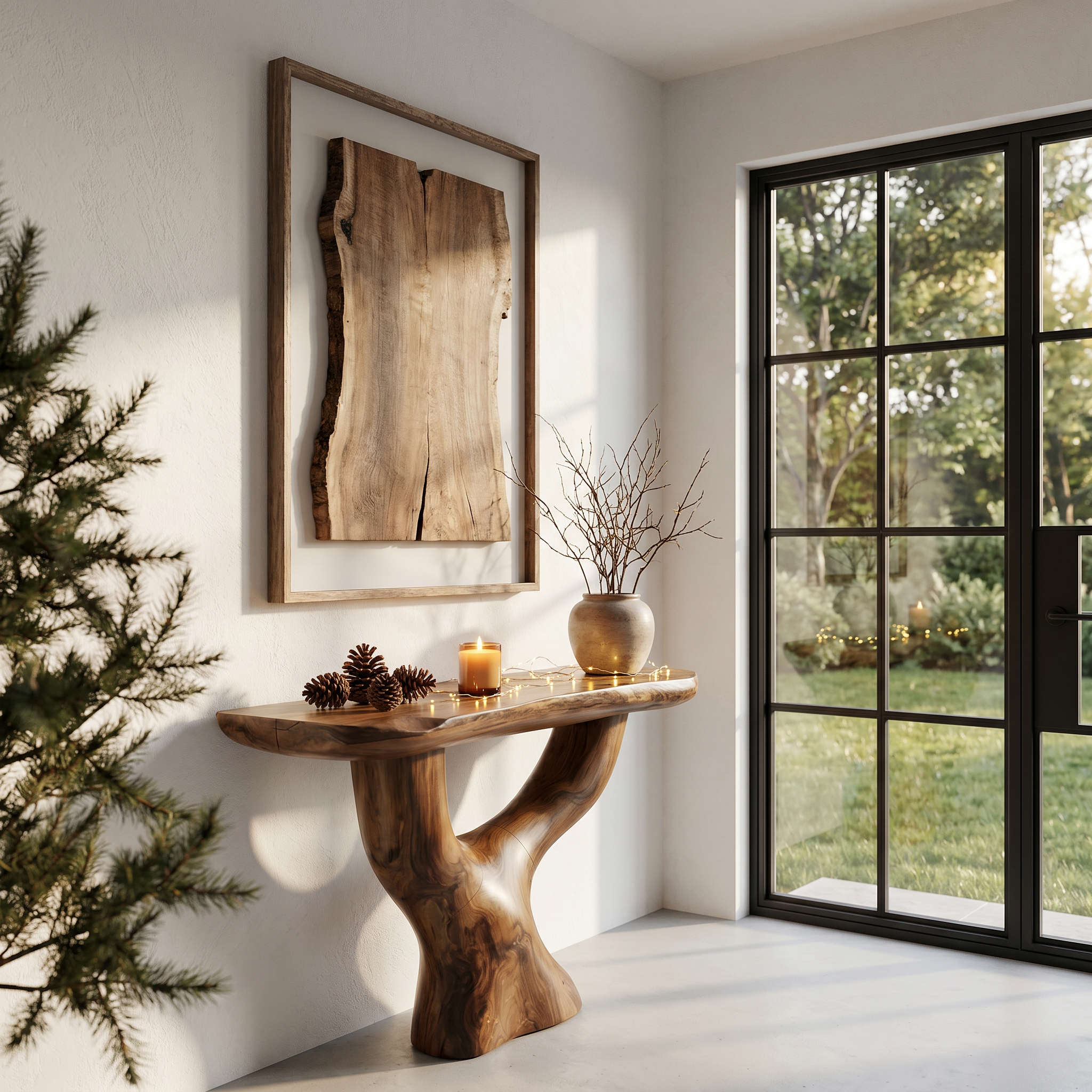 Rustic Console Table With Sculptural Tree Root Base For Entryway