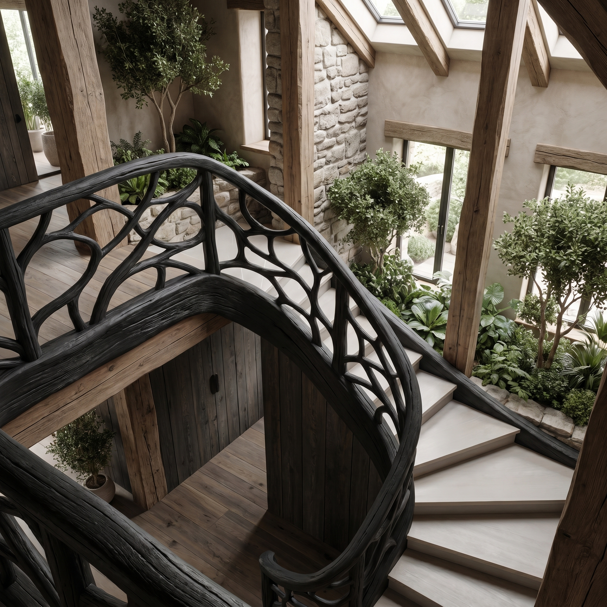 Organic Sculptural Stair Railing With Flowing Wood Design For Modern Interior