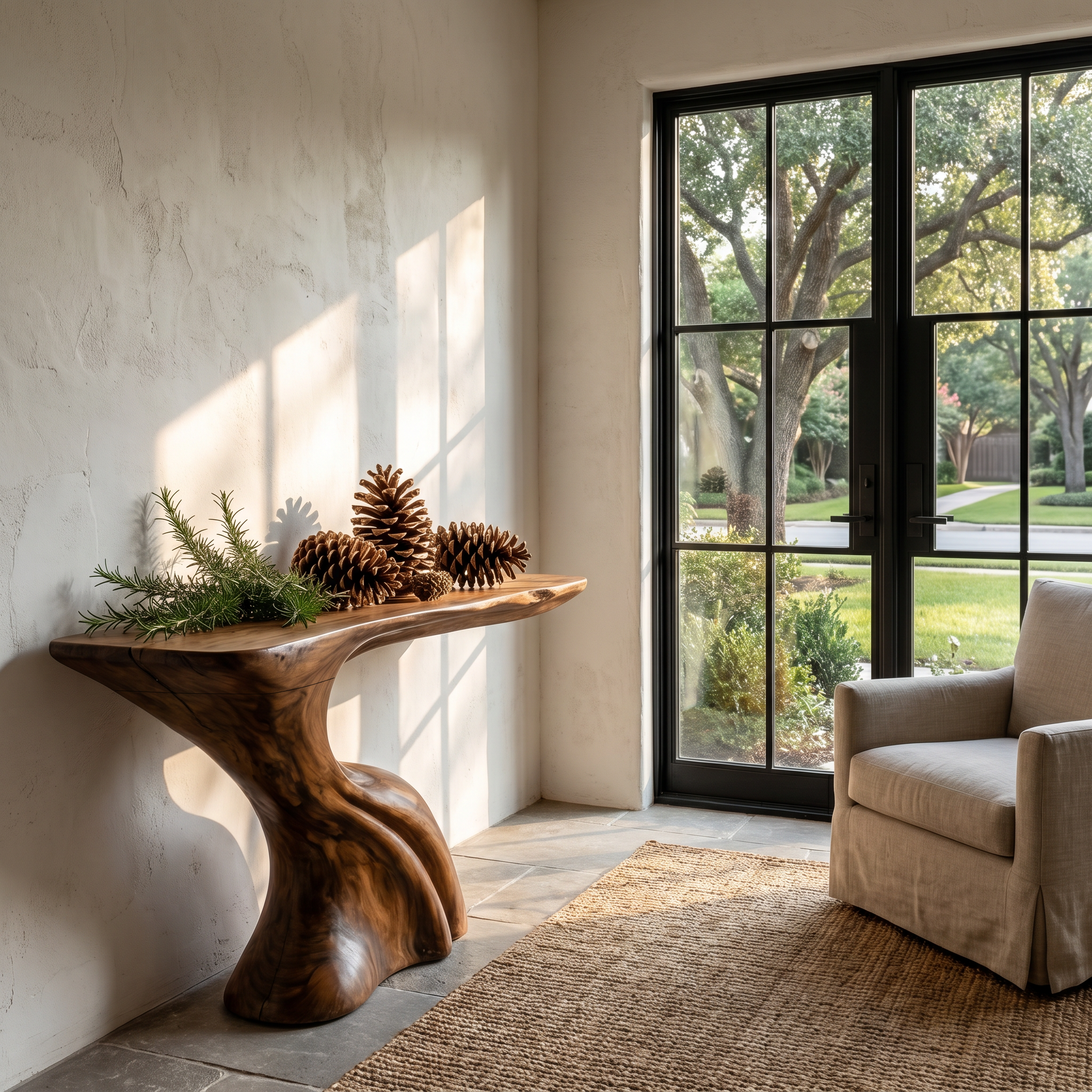 Nature Inspired Console Table With Artistic Tree Structure For Living Room