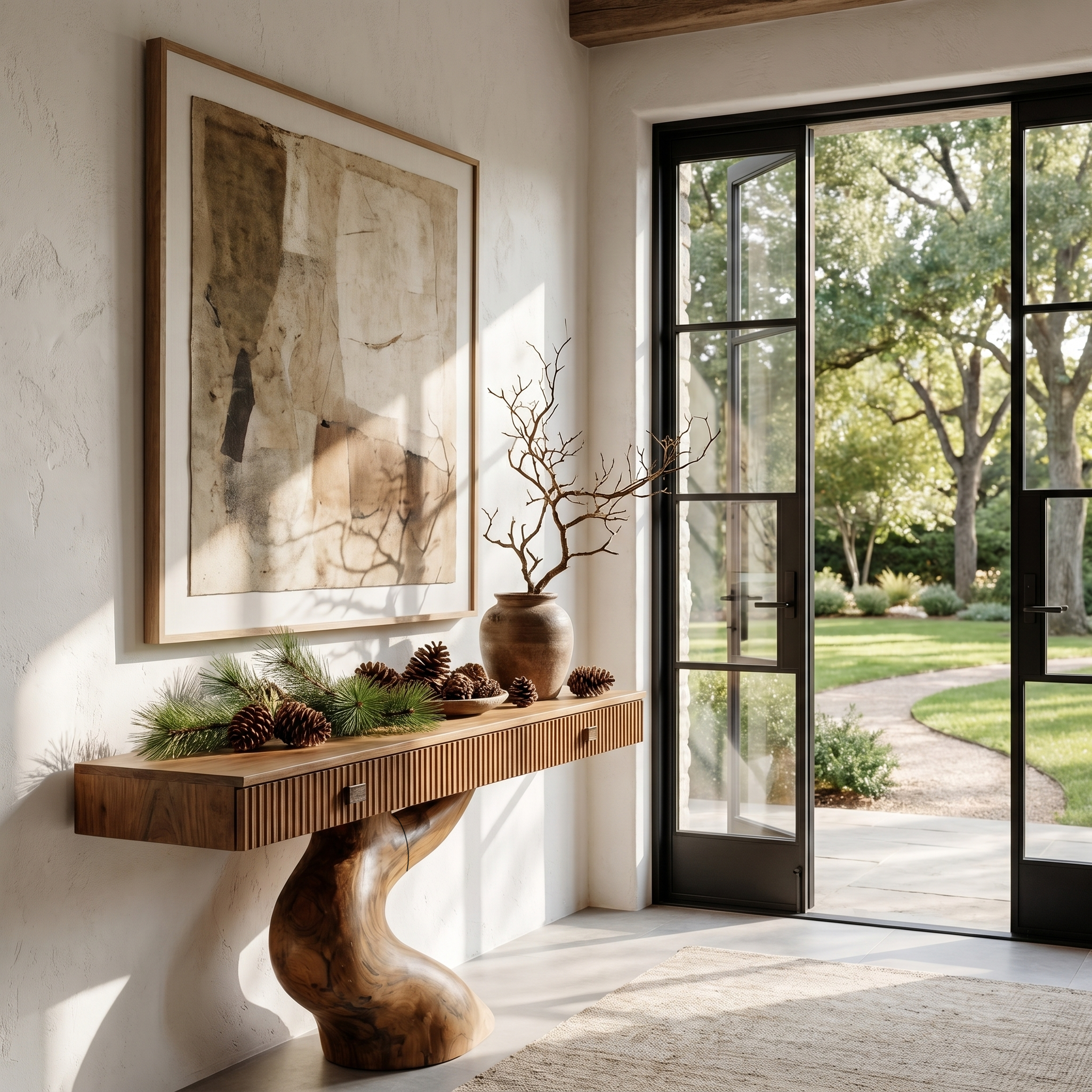 Rustic Console Table With Integrated Drawers And Artistic Tree Root Pedestal For Living Room