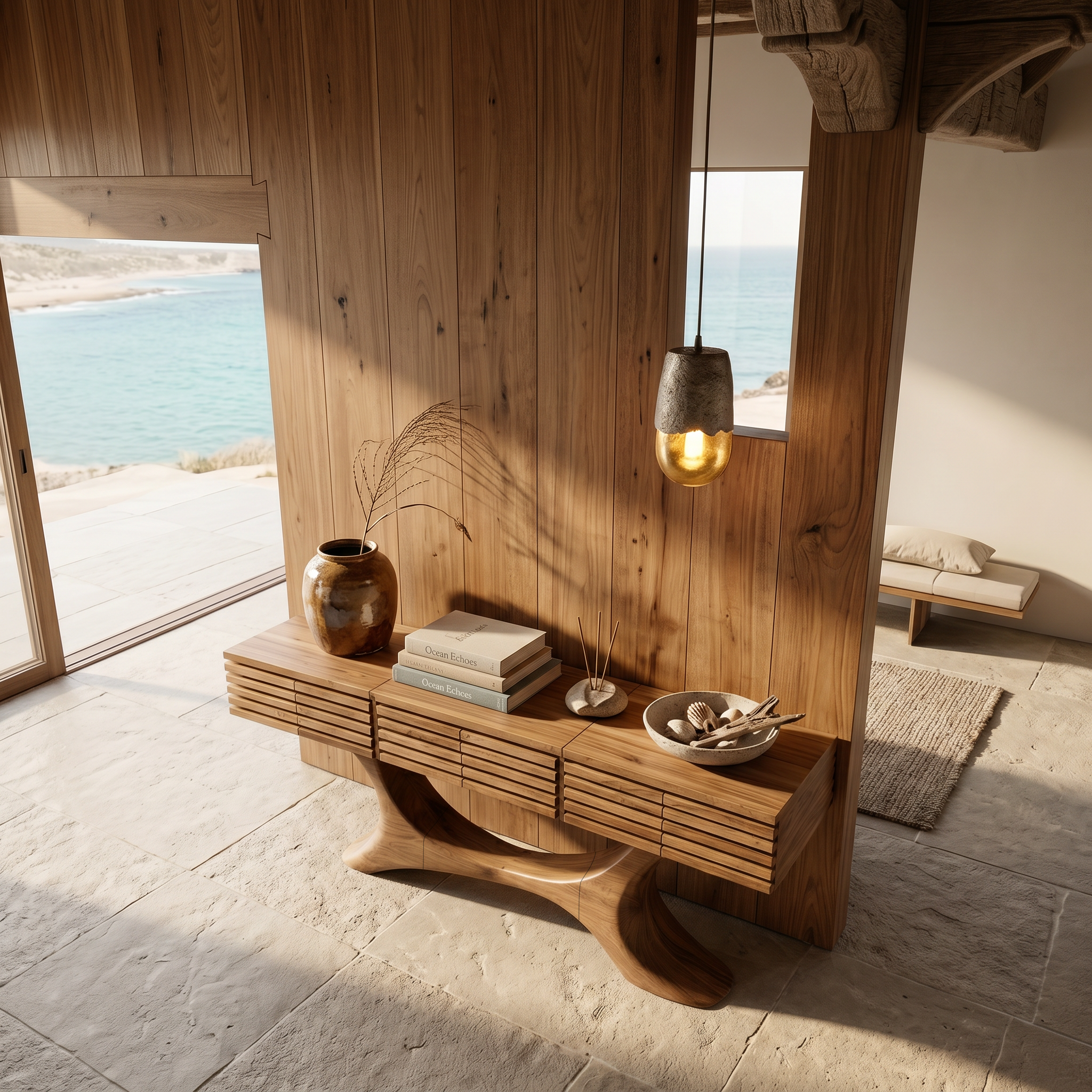 Contemporary Console Table With Curved Tree Trunk Base And Built In Storage Drawers For Living Room