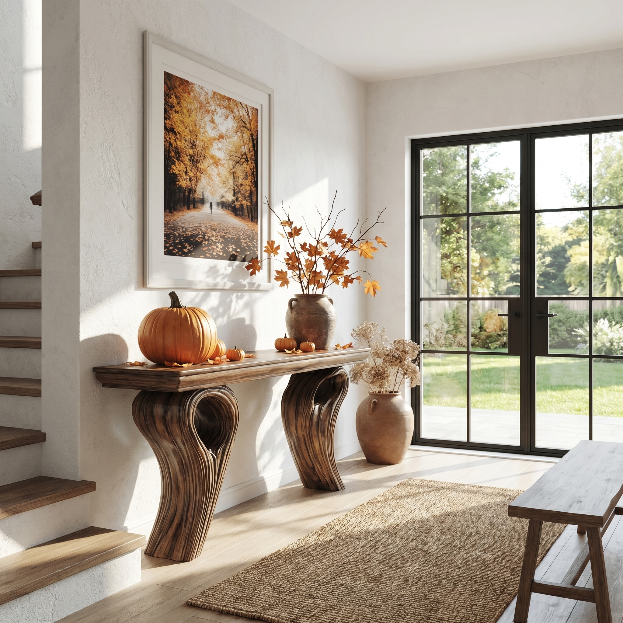 Rustic Organic Storage Console Table With Tree Inspired Base For Hallway And Living Room