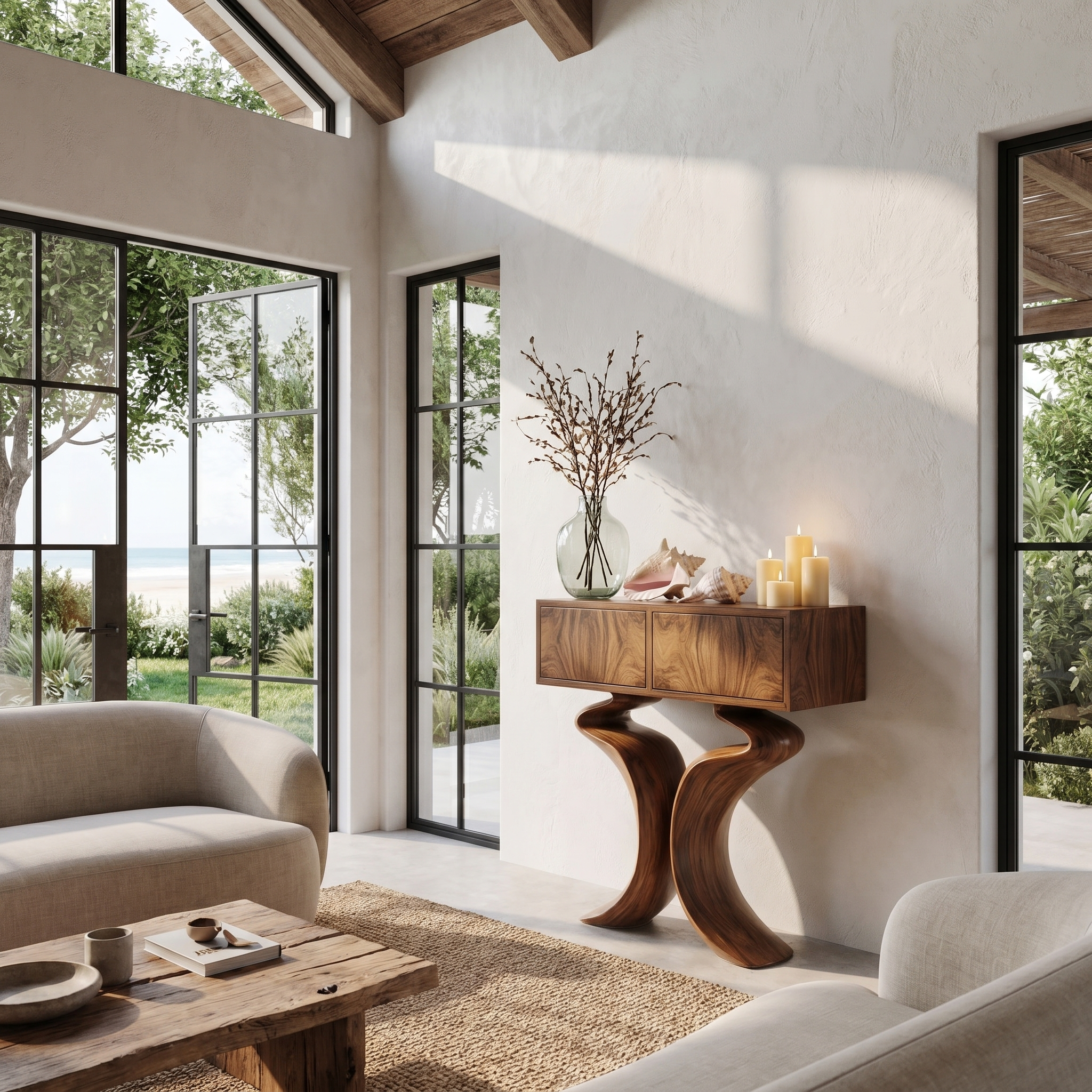 Organic Console Table With Hidden Storage Cabinet For Living Room And Entryway
