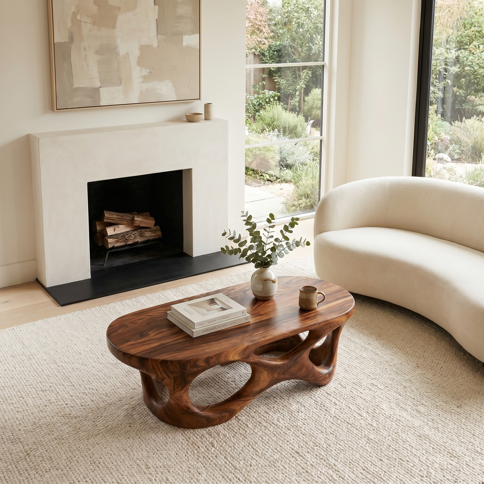 Sculptural Coffee Table With Interlocking Wood Base For Living Room