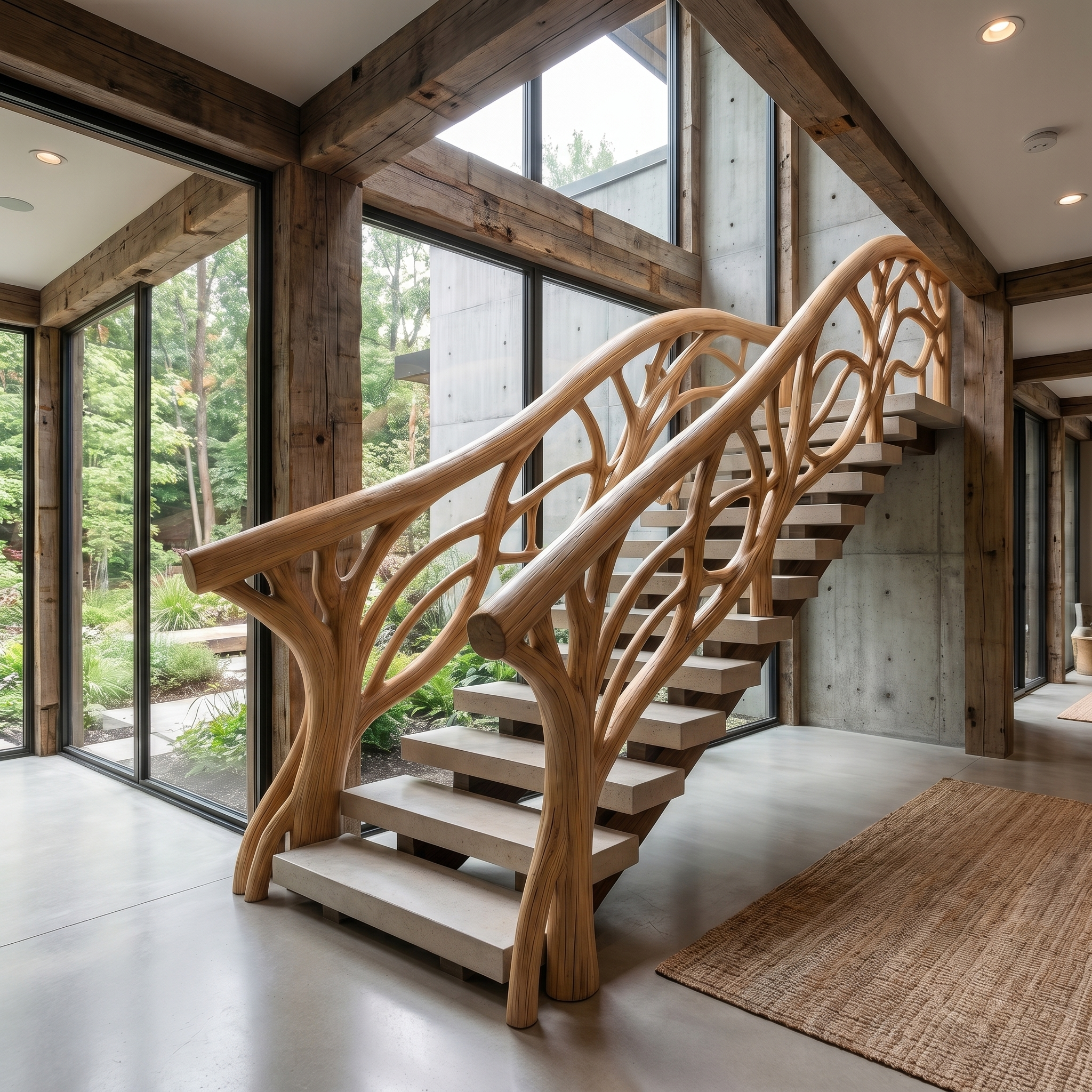 Organic Tree Branch Stair Railing With Natural Wood Design For Interior Staircase