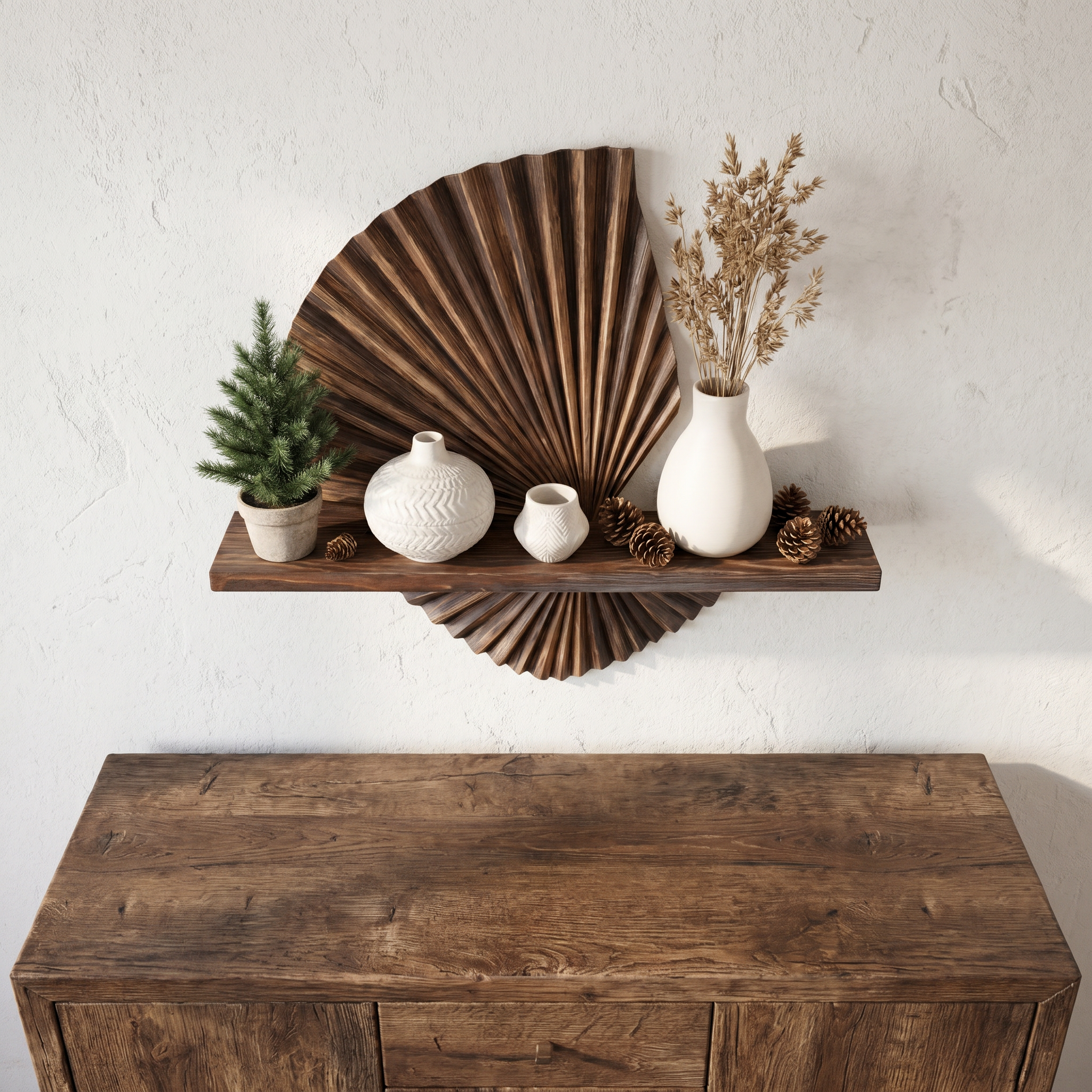 Modern Floating Shelf With Sunburst Wood Wall Sculpture For Living Room