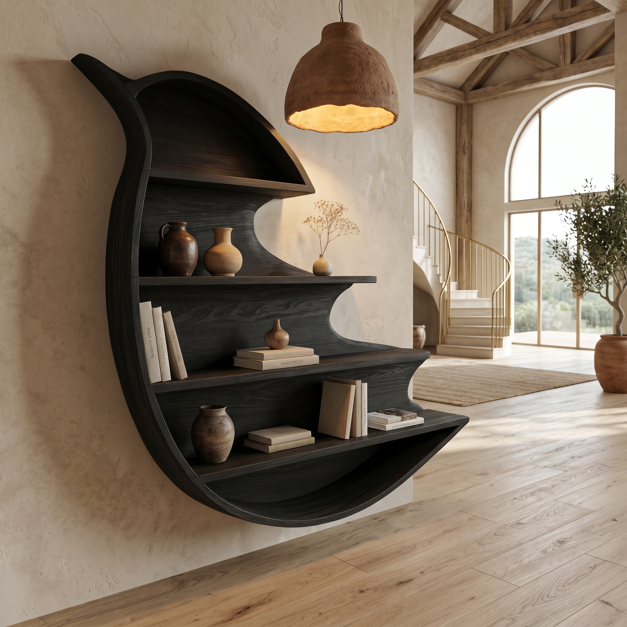 Artistic Wave Bookcase With Wall Mounted Display Storage For Entryway