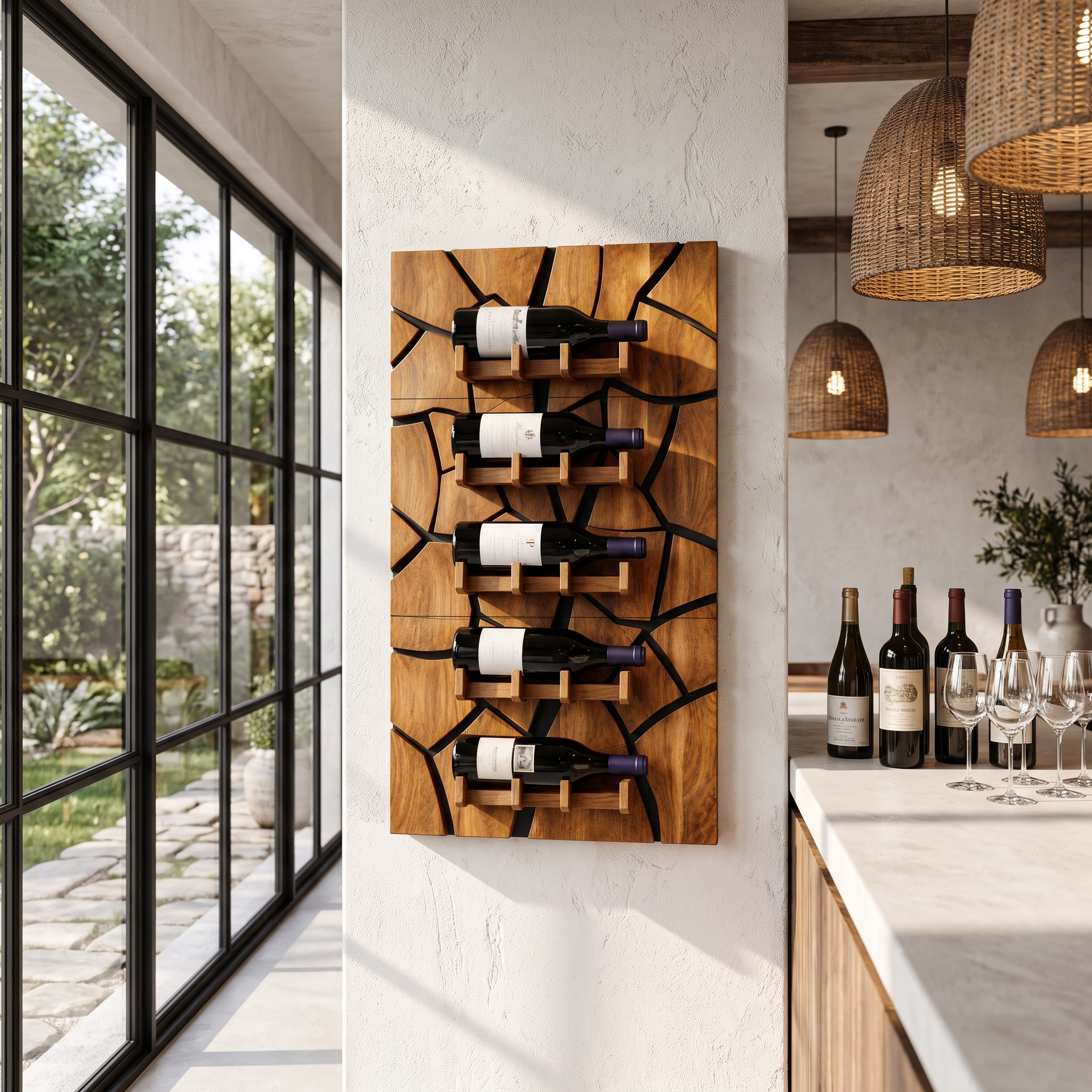 Rustic Wall Mounted Wine Holder With Geometric Bottle Display For Dining Room