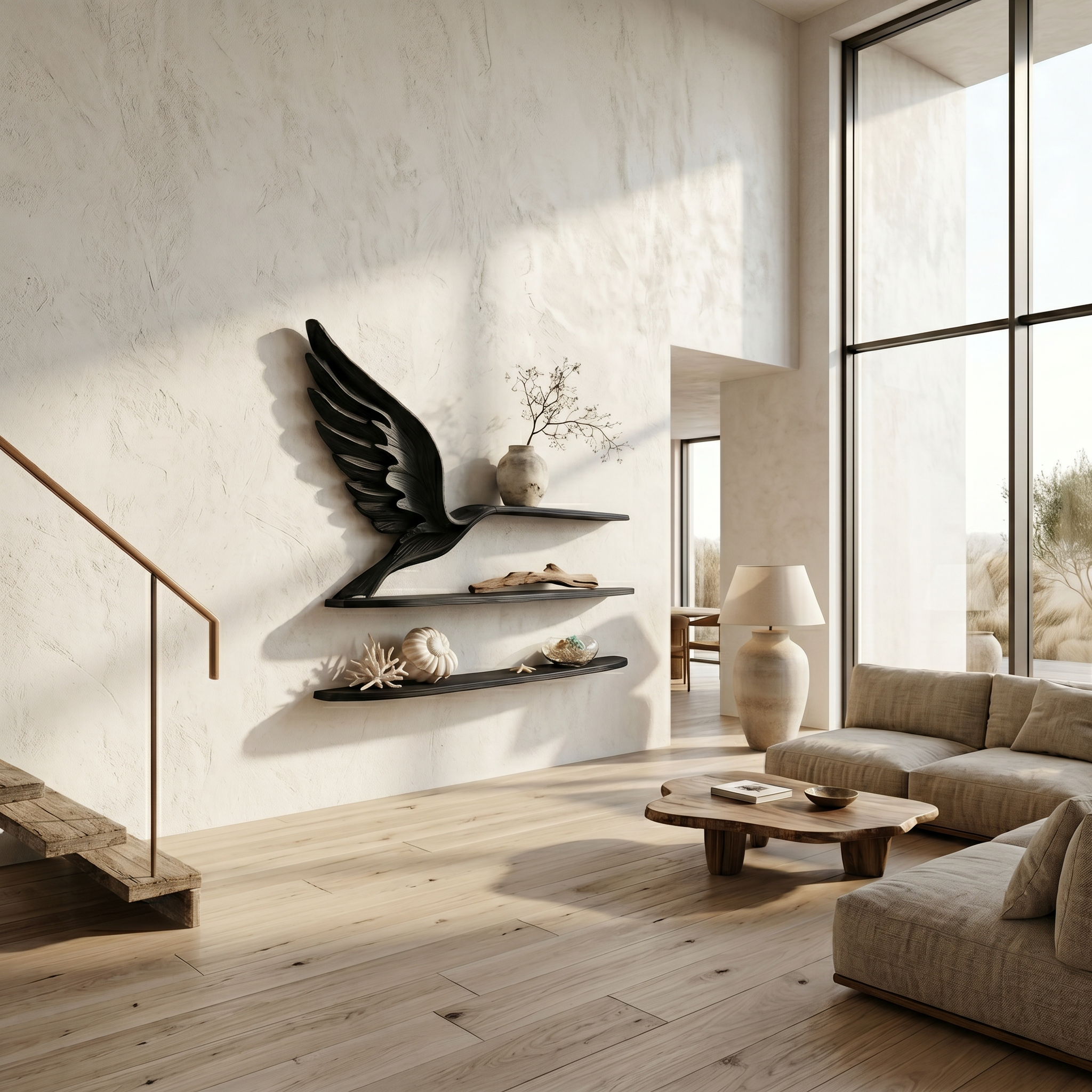 Handcrafted Eagle Wing Floating Shelf With Wooden Display Shelves For Living Room