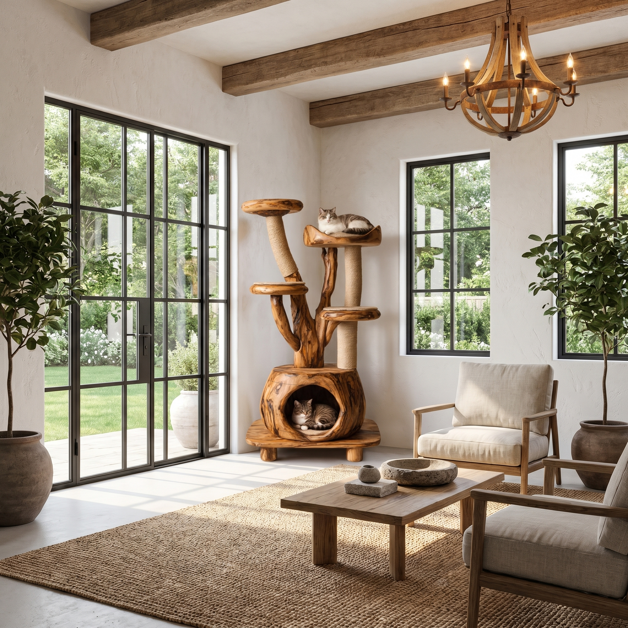 Rustic Tree Cat Tower With Cozy Pet Bed For Living Room