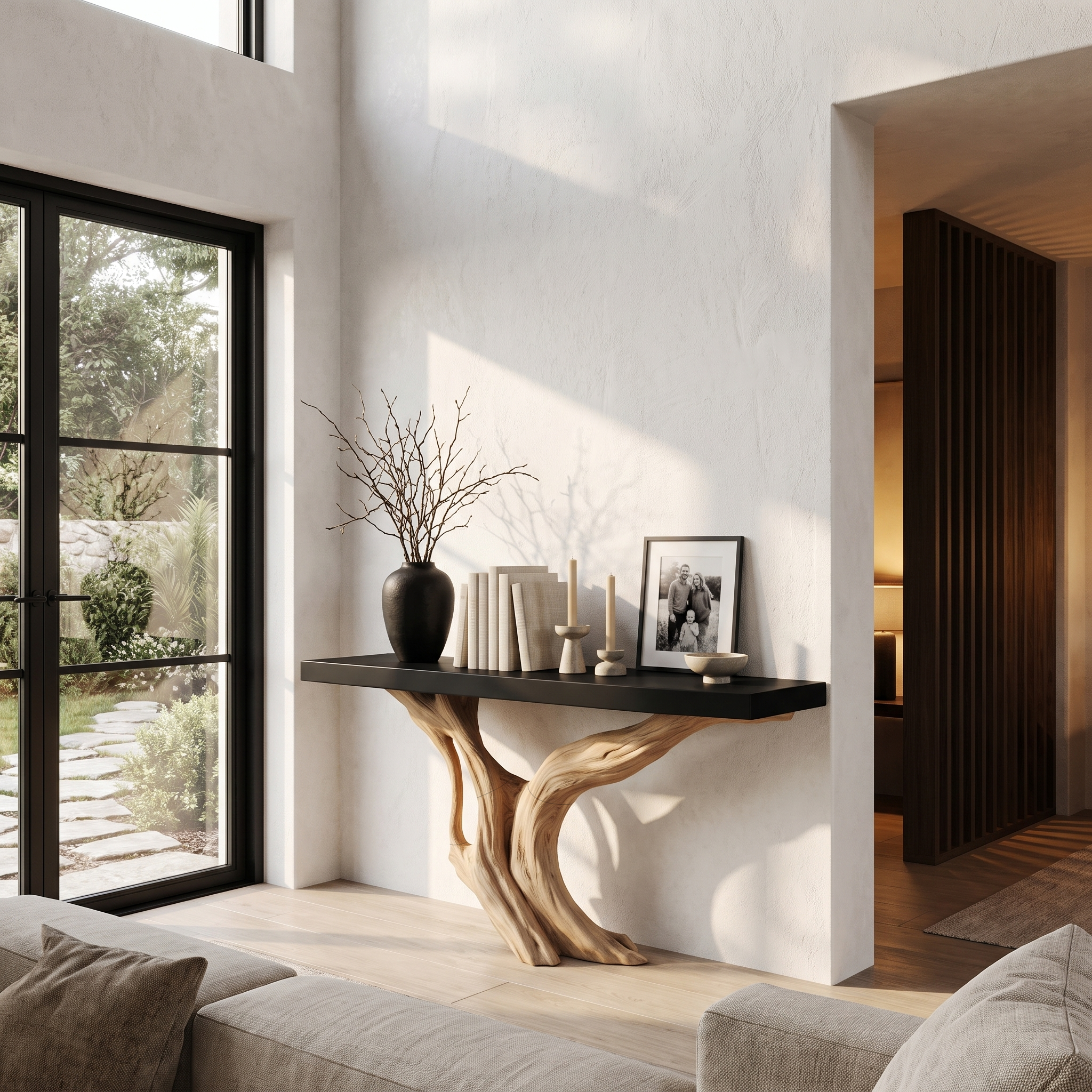 Organic Wall Mounted Console Table With Sculptural Wood Base For Hallway