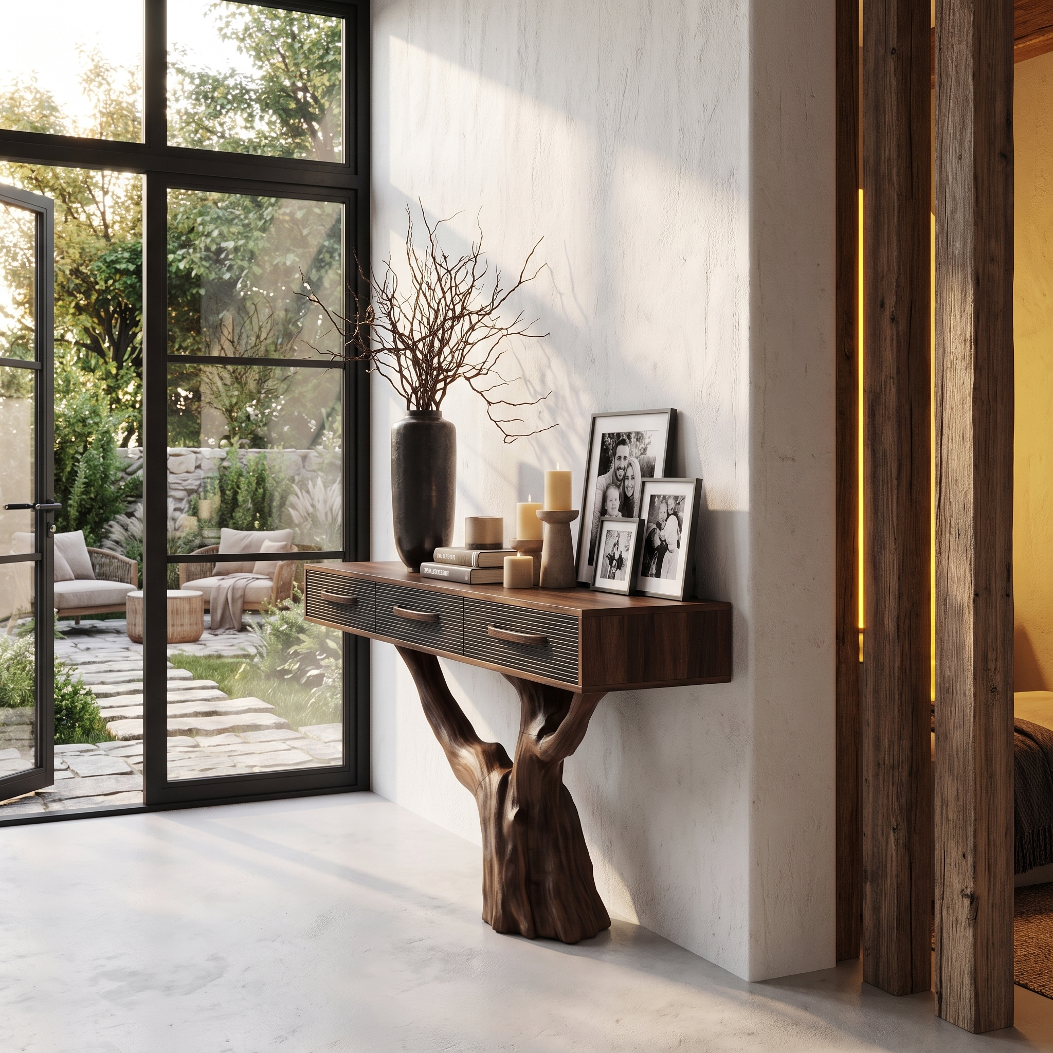 Statement Console Table With Nature Inspired Tree Base For Living Room