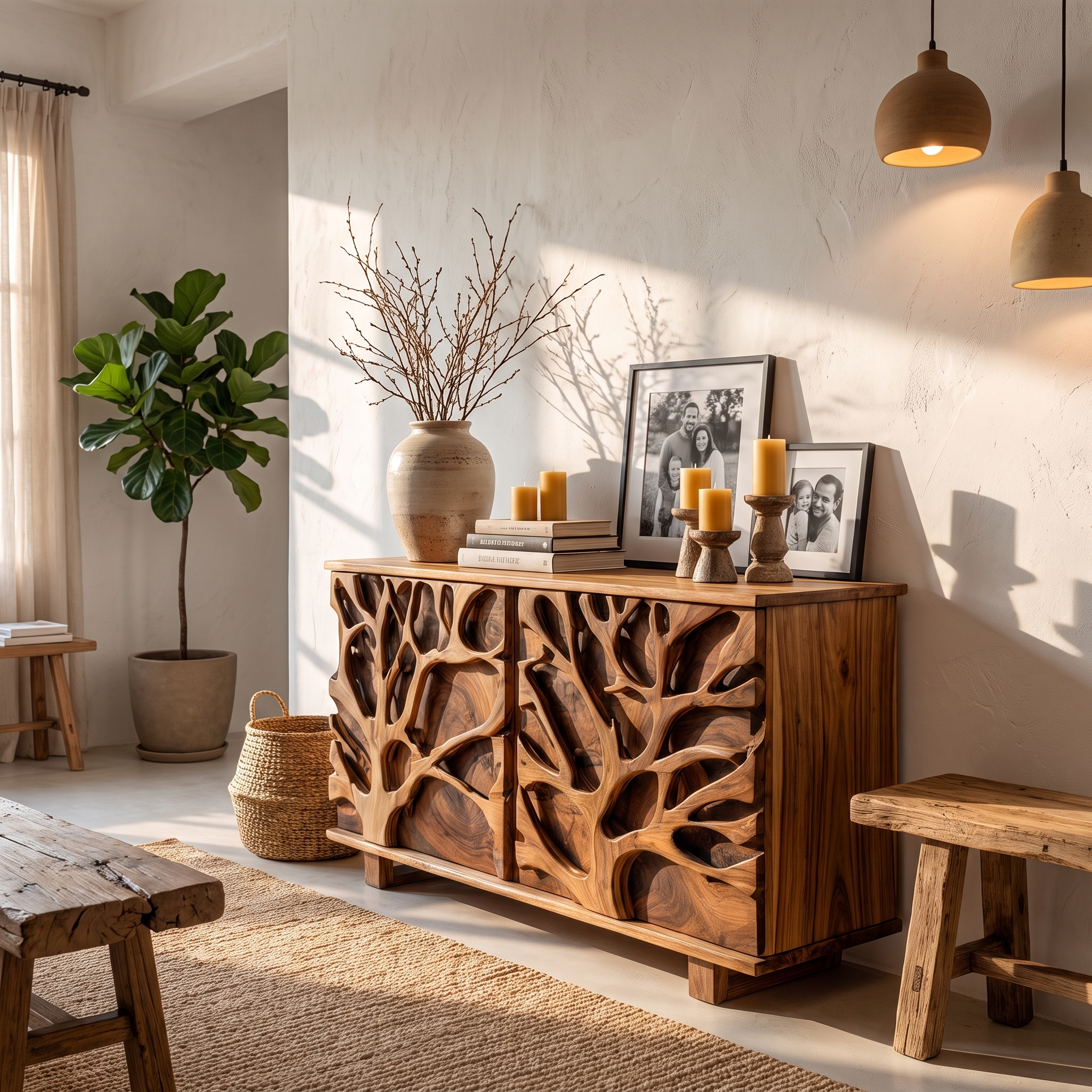 Nature Inspired Storage Cabinet With Hand Carved Wood Design For Entryway