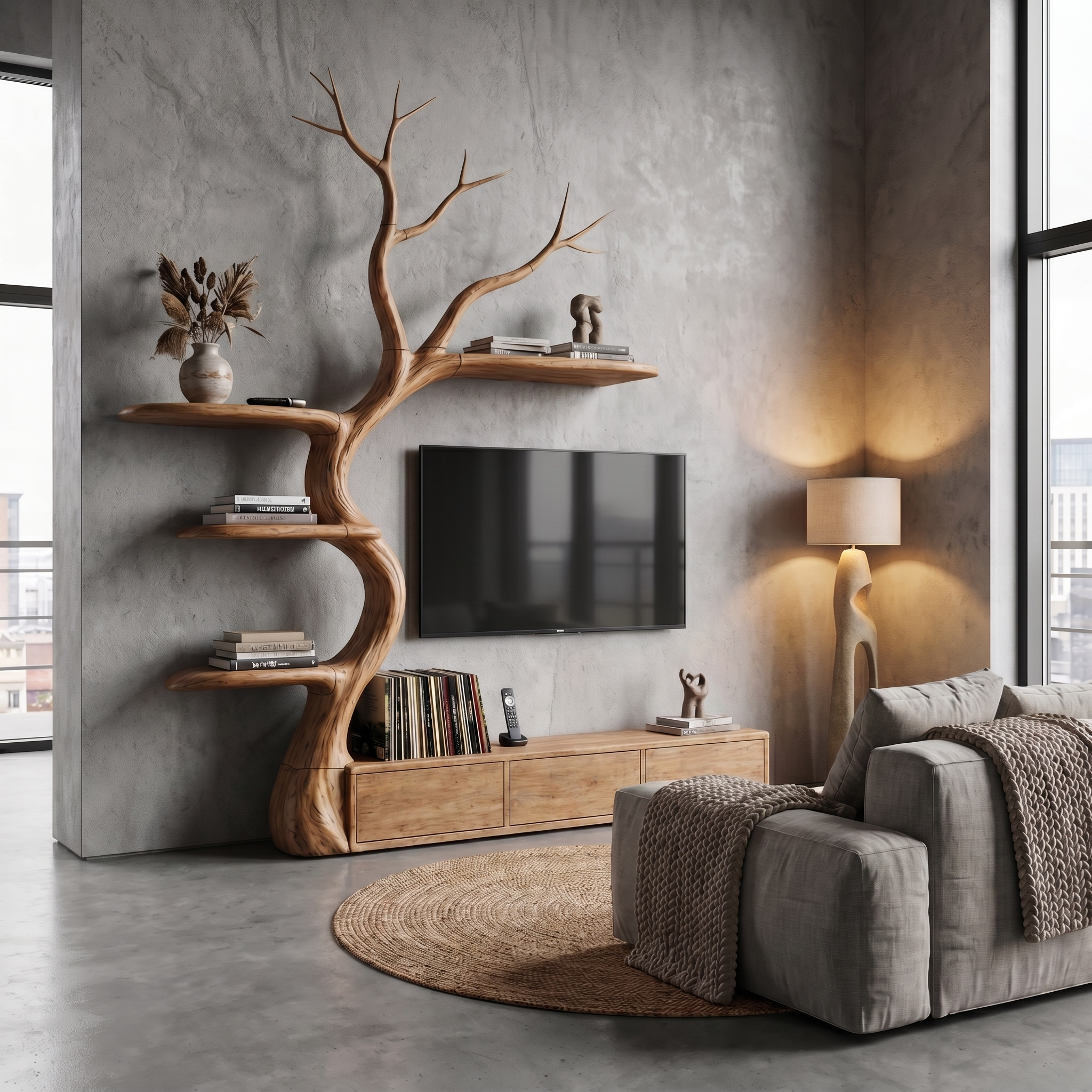 Rustic Tree Branch TV Cabinet With Integrated Display Shelves For Living Room