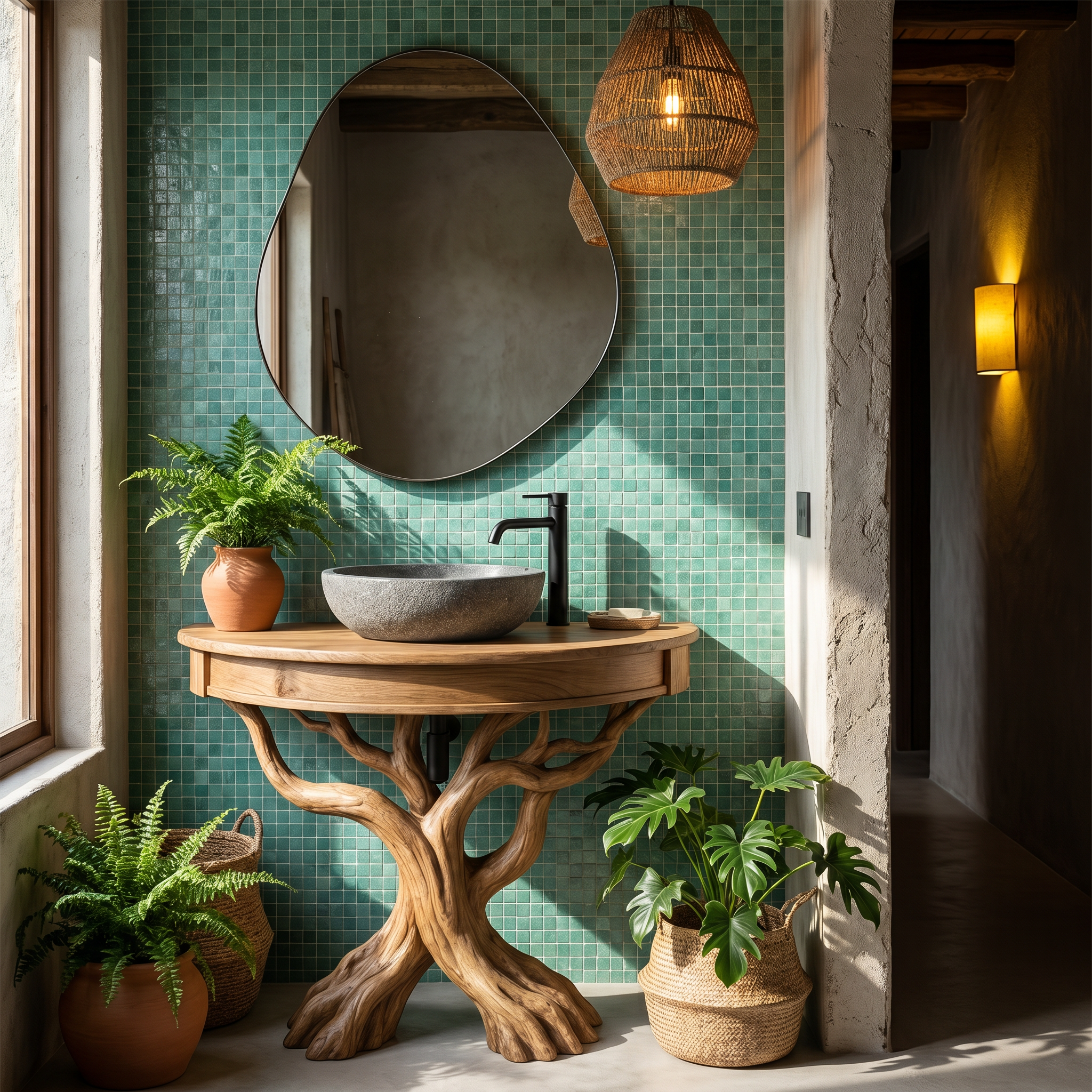 Tree Bathroom Vanity With Floating Countertop And Display Shelves For Bathroom