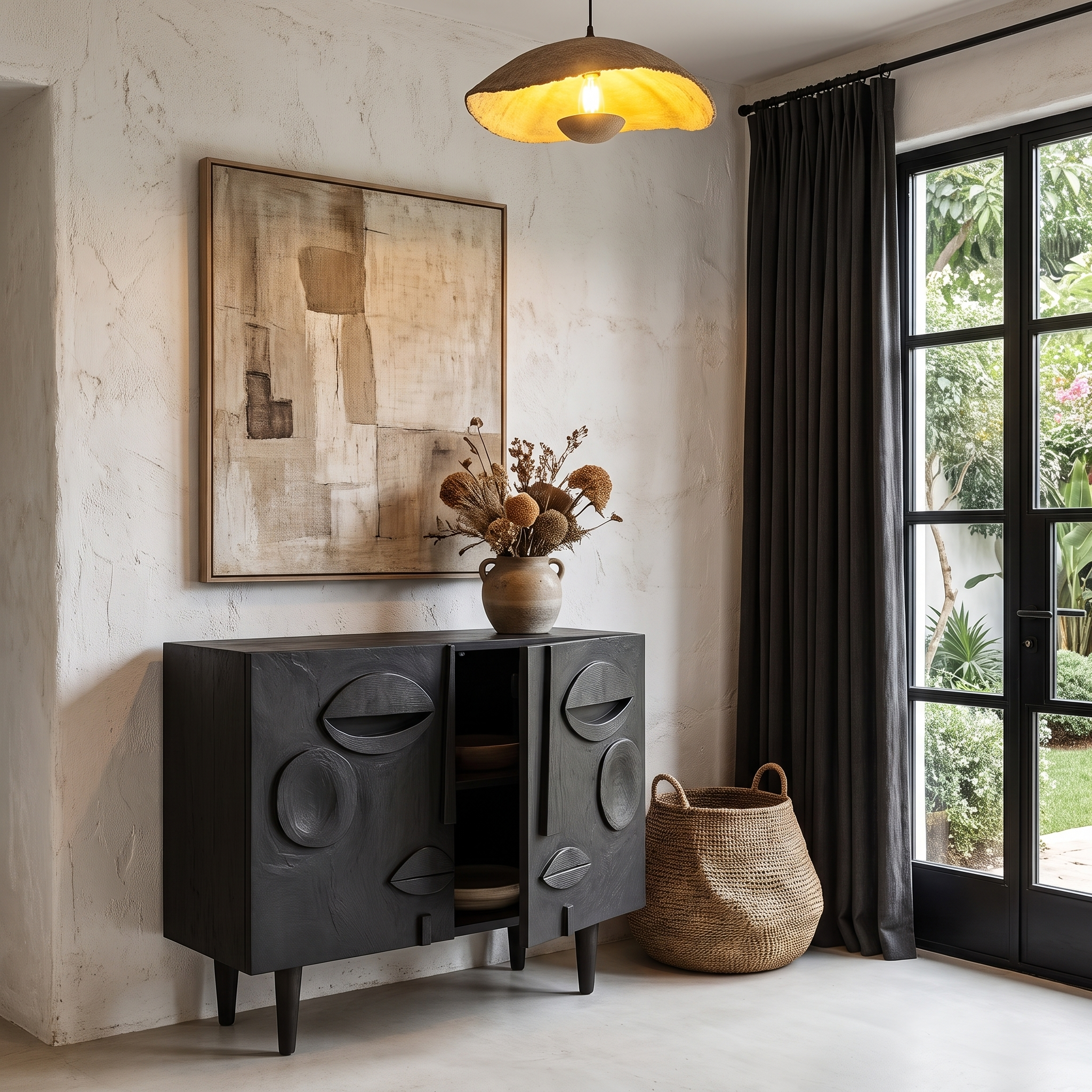 Modern Accent Cabinet With Abstract Face Design For Living Room And Entryway