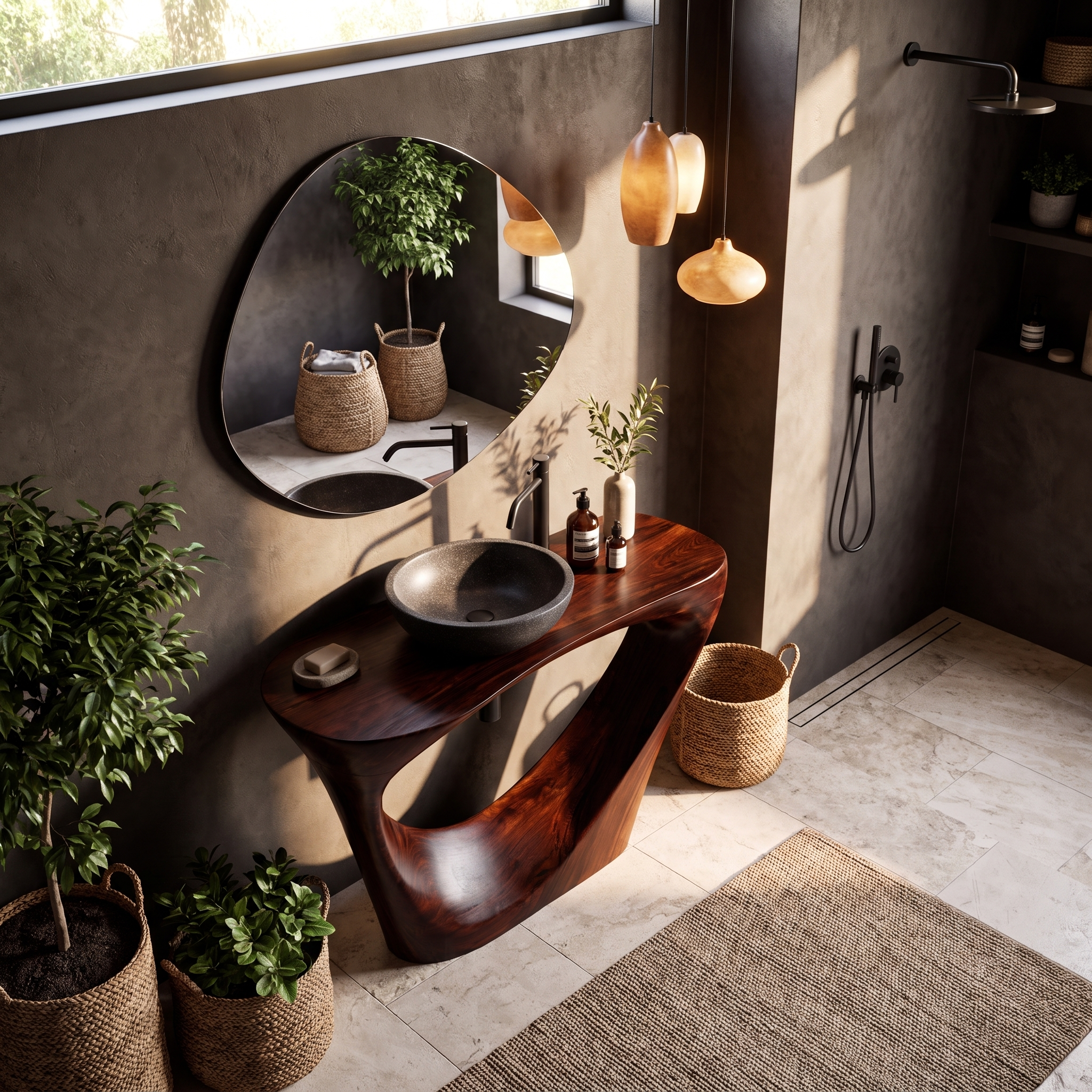 Live Edge Floating Bathroom Vanity With Sculptural Tree Support For Bathroom