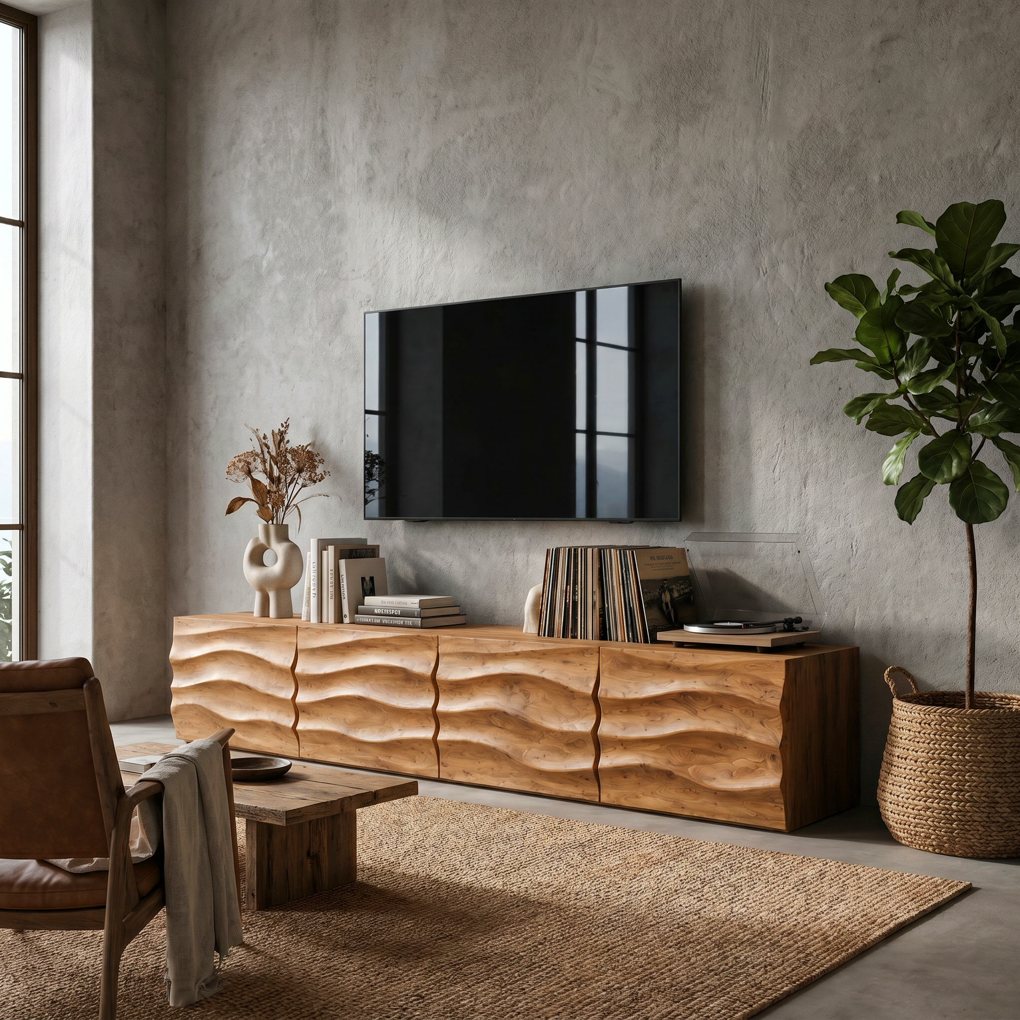 Organic TV Cabinet With Wave Front Doors And Built In Storage For Living Room