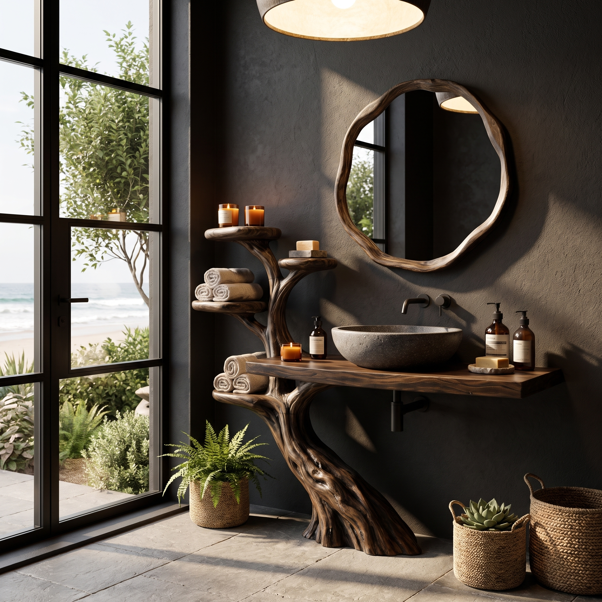 Rustic Bathroom Vanity With Sculptural Wood Structure For Bathroom
