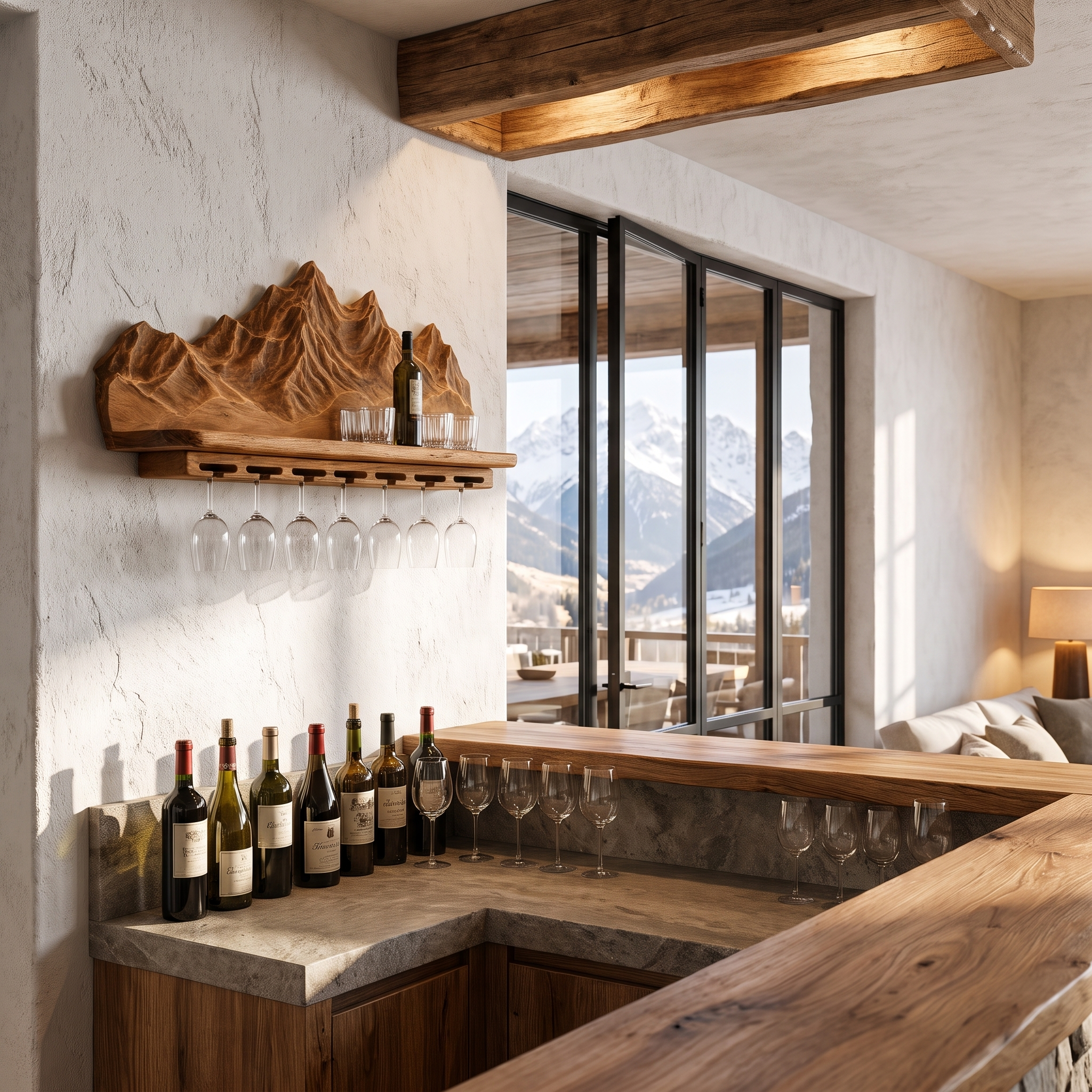 Nature Inspired Wall Wine Holder With Mountain Shelf For Home Bar