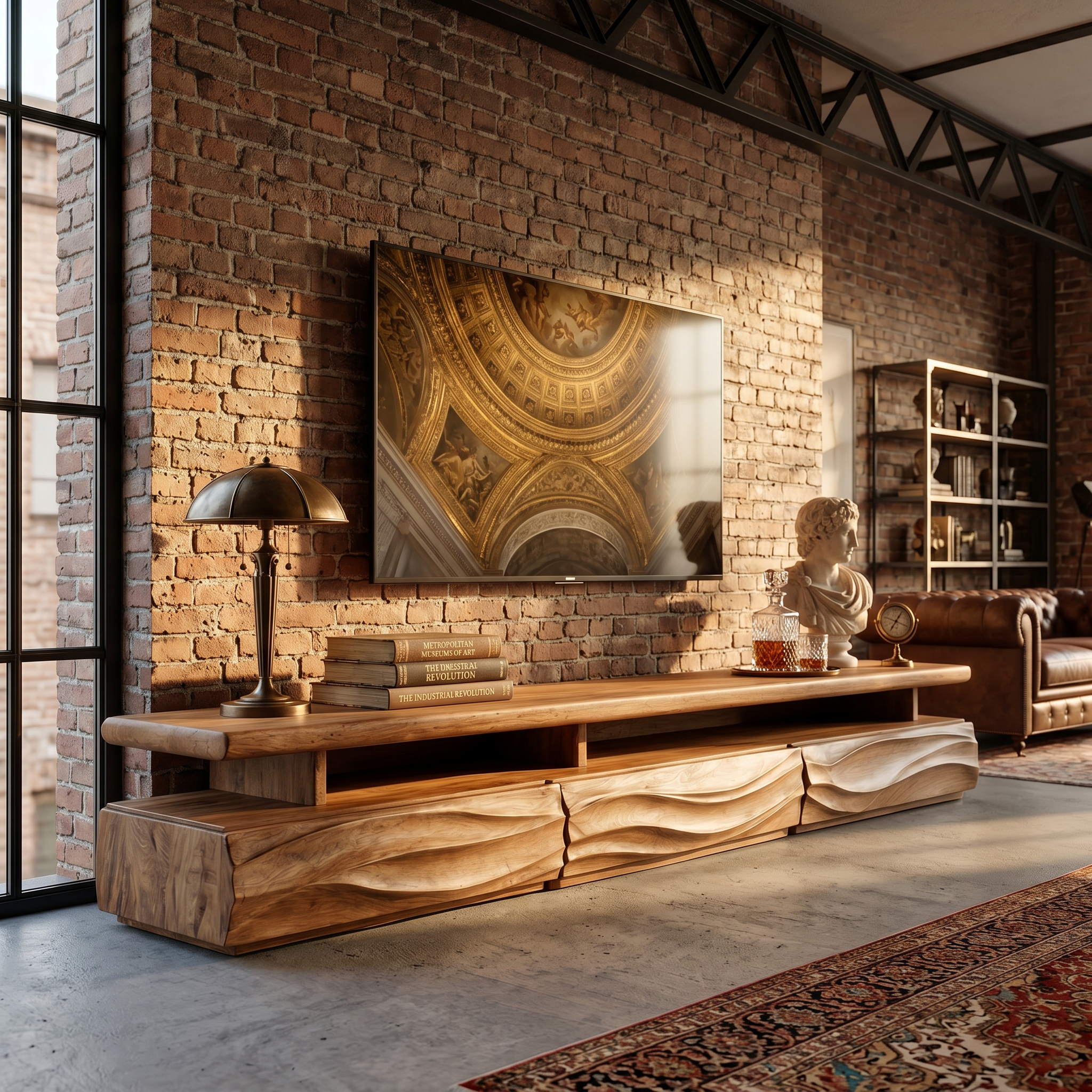 Rustic TV Cabinet With Open Storage Shelf And Wave Front Drawers For Living Room