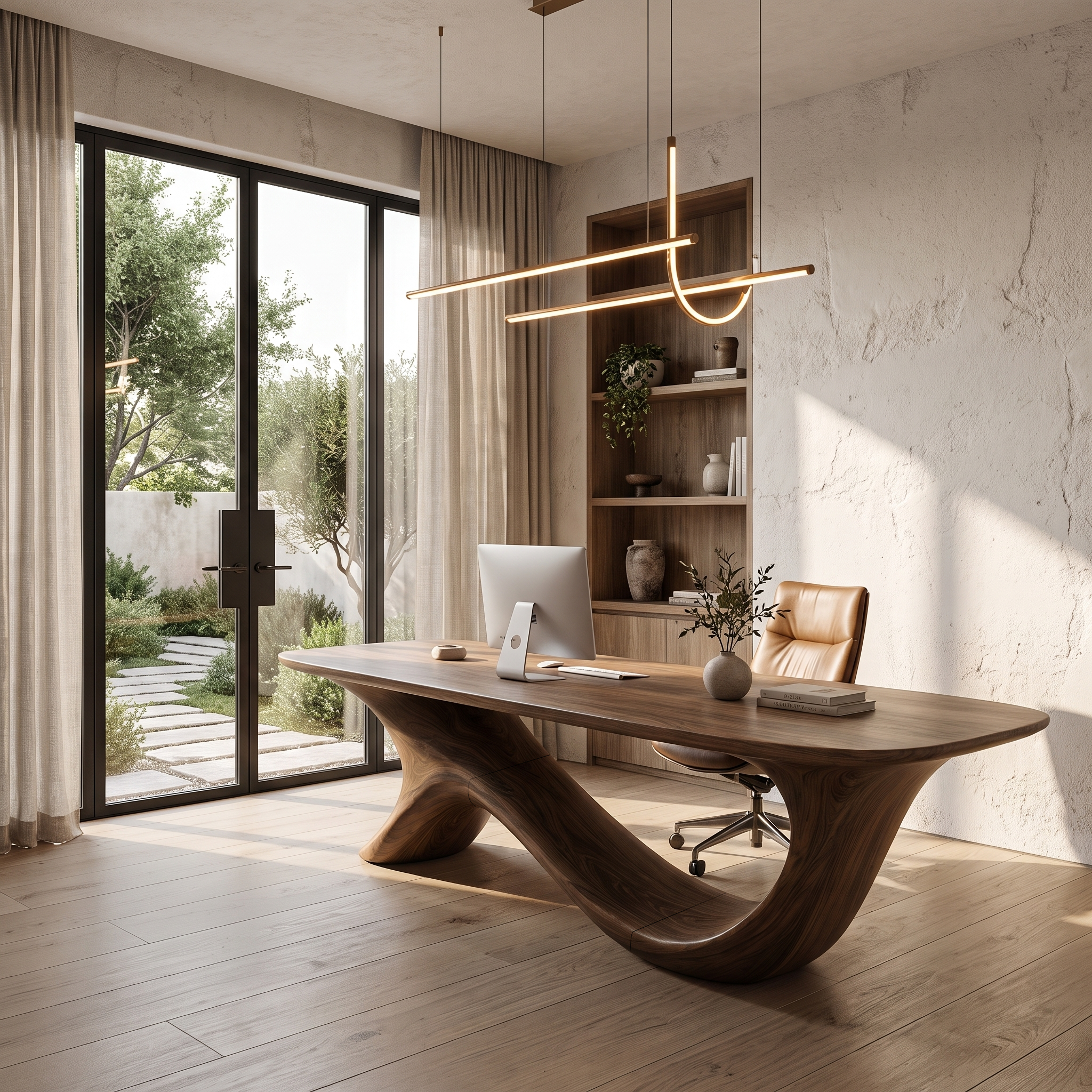 Modern Sculptural Base Desk Solid Wood Desk For Workspace