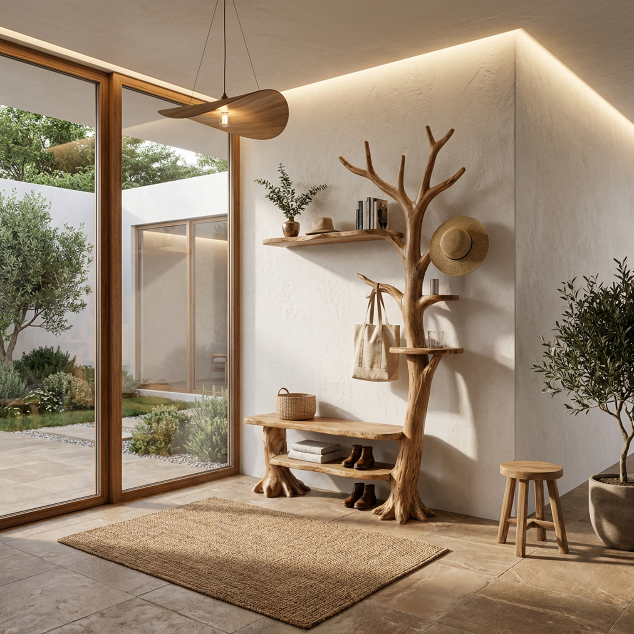 Rustic Tree Coat Rack With Integrated Bench And Floating Display Shelves For Entryway.