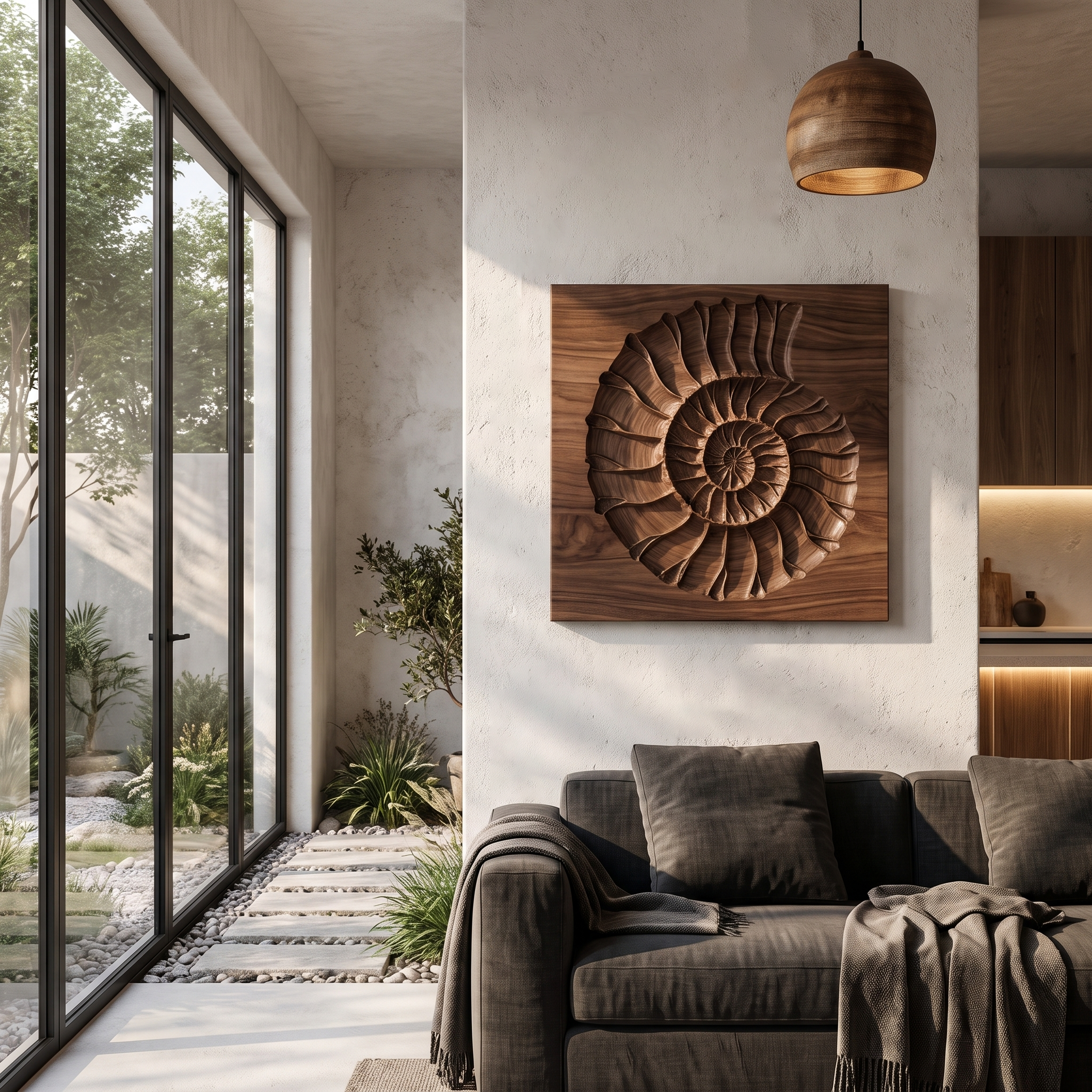 Rustic Ammonite Fossil Wooden Wall Decor For Living Room