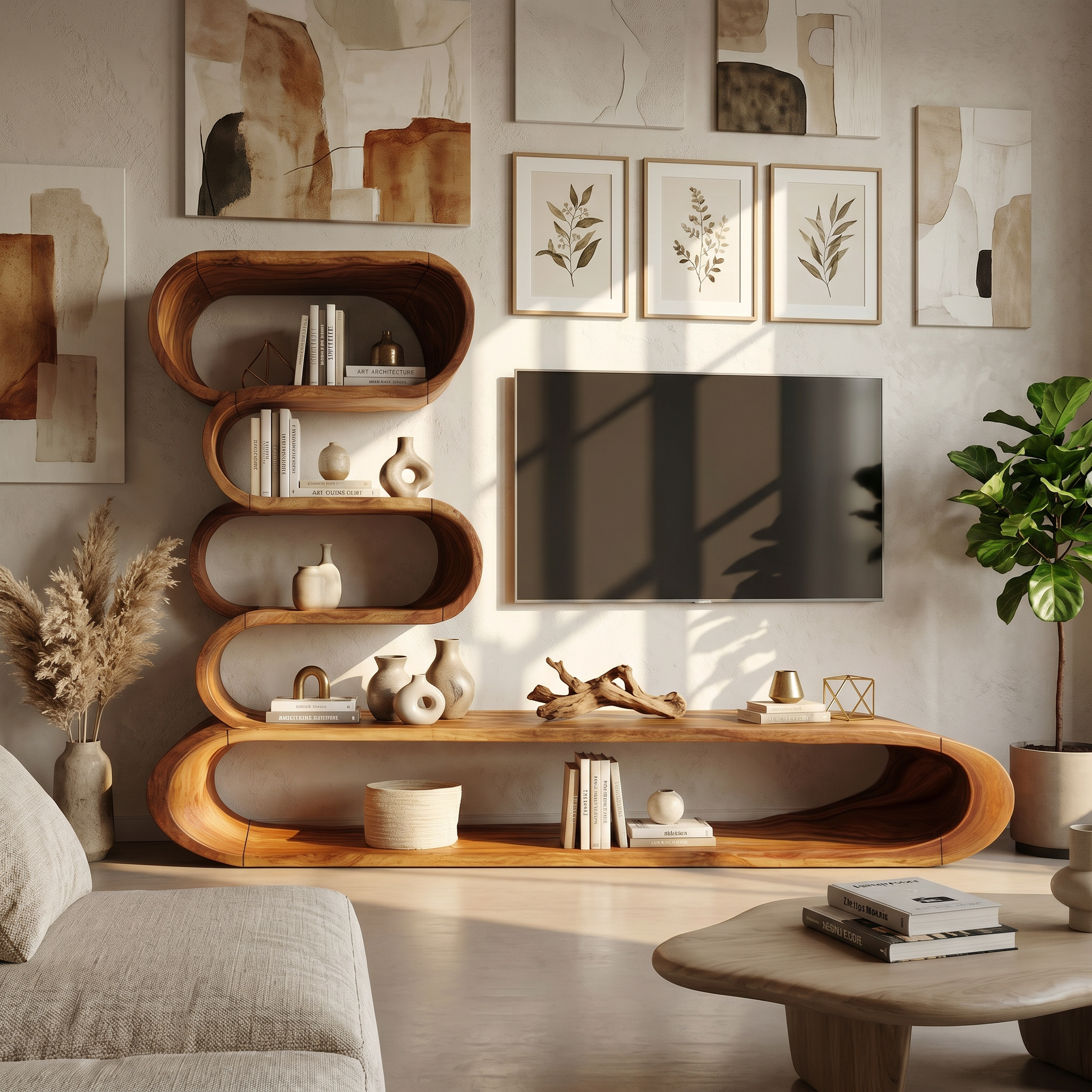Organic TV Cabinet With Integrated Display Shelves And Rounded Storage Design For Living Room