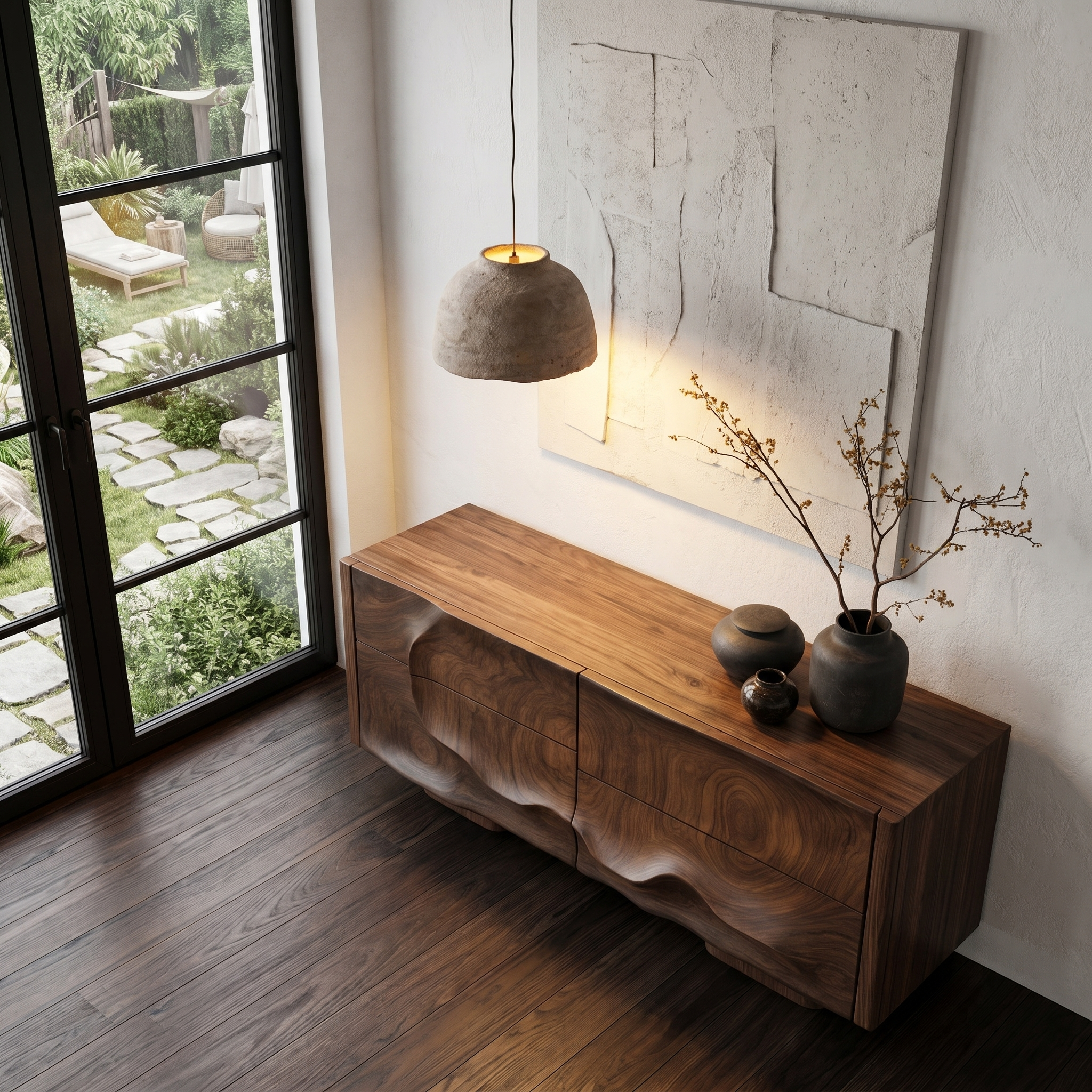 Rustic Organic Storage Cabinet With Carved Wood Doors For Living Room And Entryway