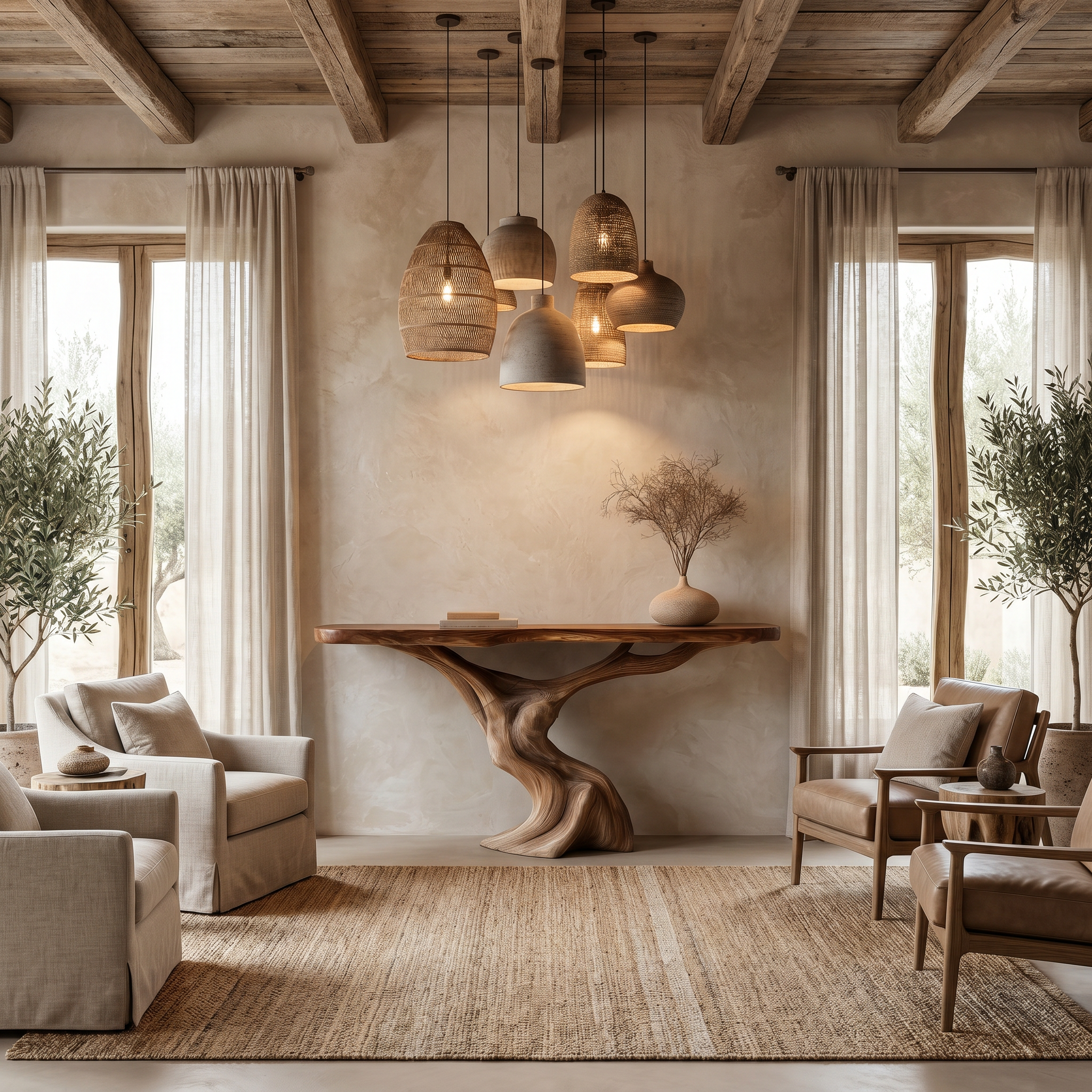 Rustic Organic Console Table With Unique Sculptural Tree Inspired Wood Base For Entryway And Living Room