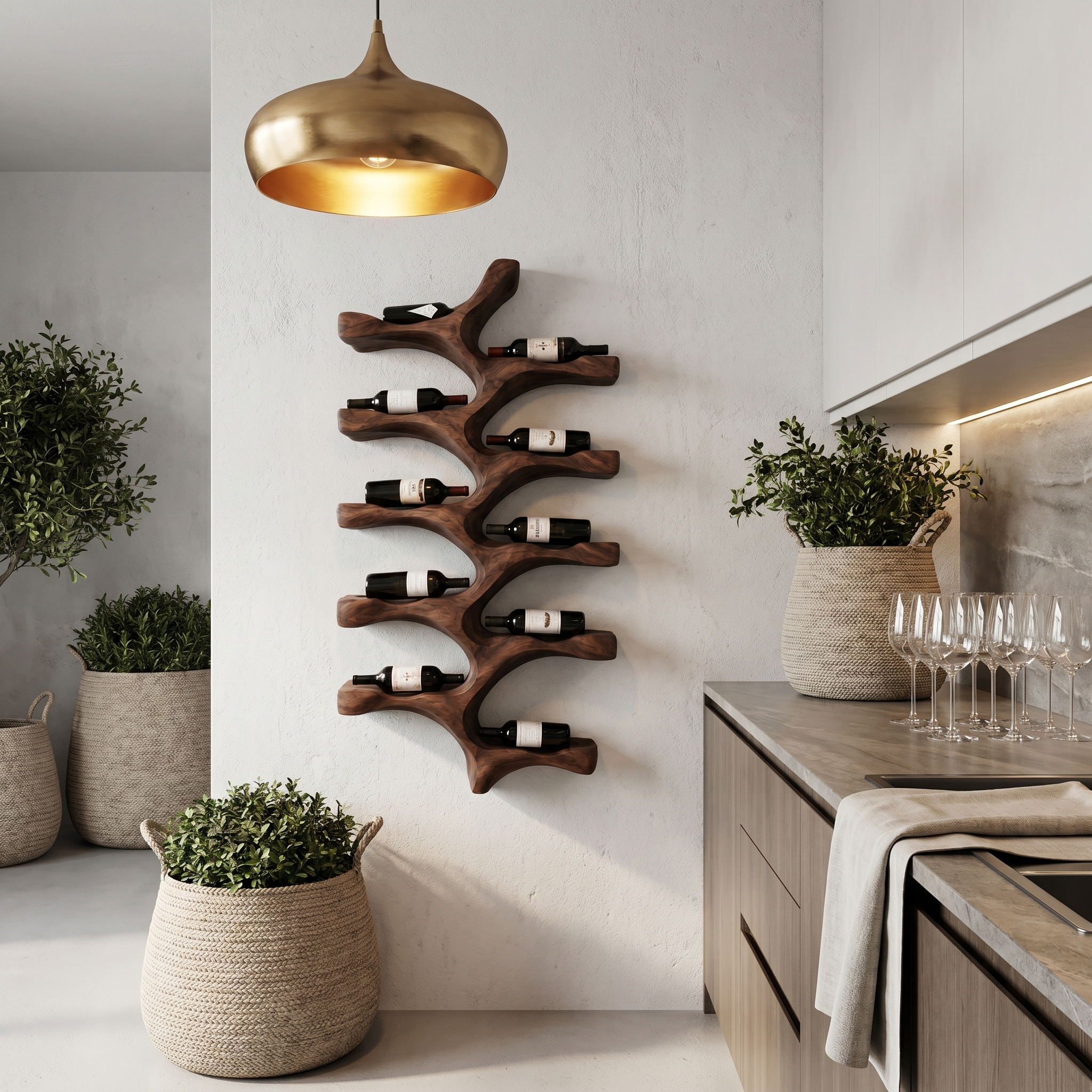 Organic Wall Mounted Wine Rack With Tree Branch Bottle Holders For Kitchen