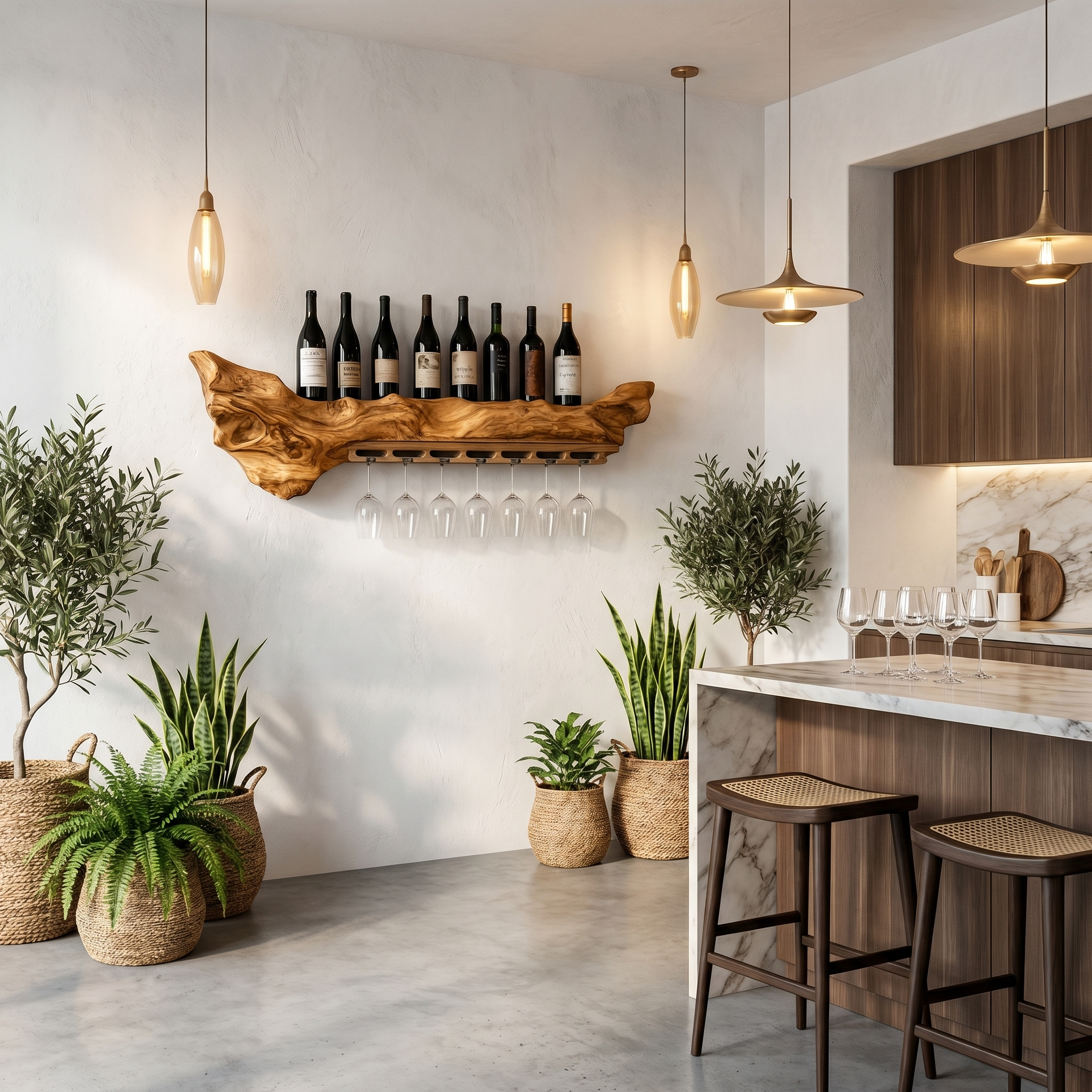 Rustic Live Edge Wall Mounted Wine Rack With Glass Holder And Bottle Storage For Kitchen And Dining Room