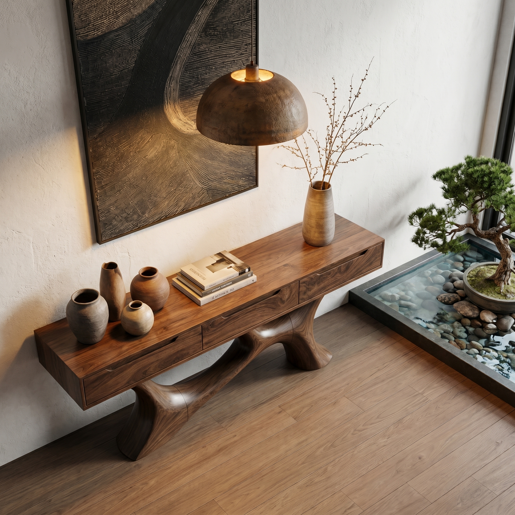 Modern Console Table With Built In Storage Cabinet And Sculptural Curved Wood Base For Entryway And Living Room