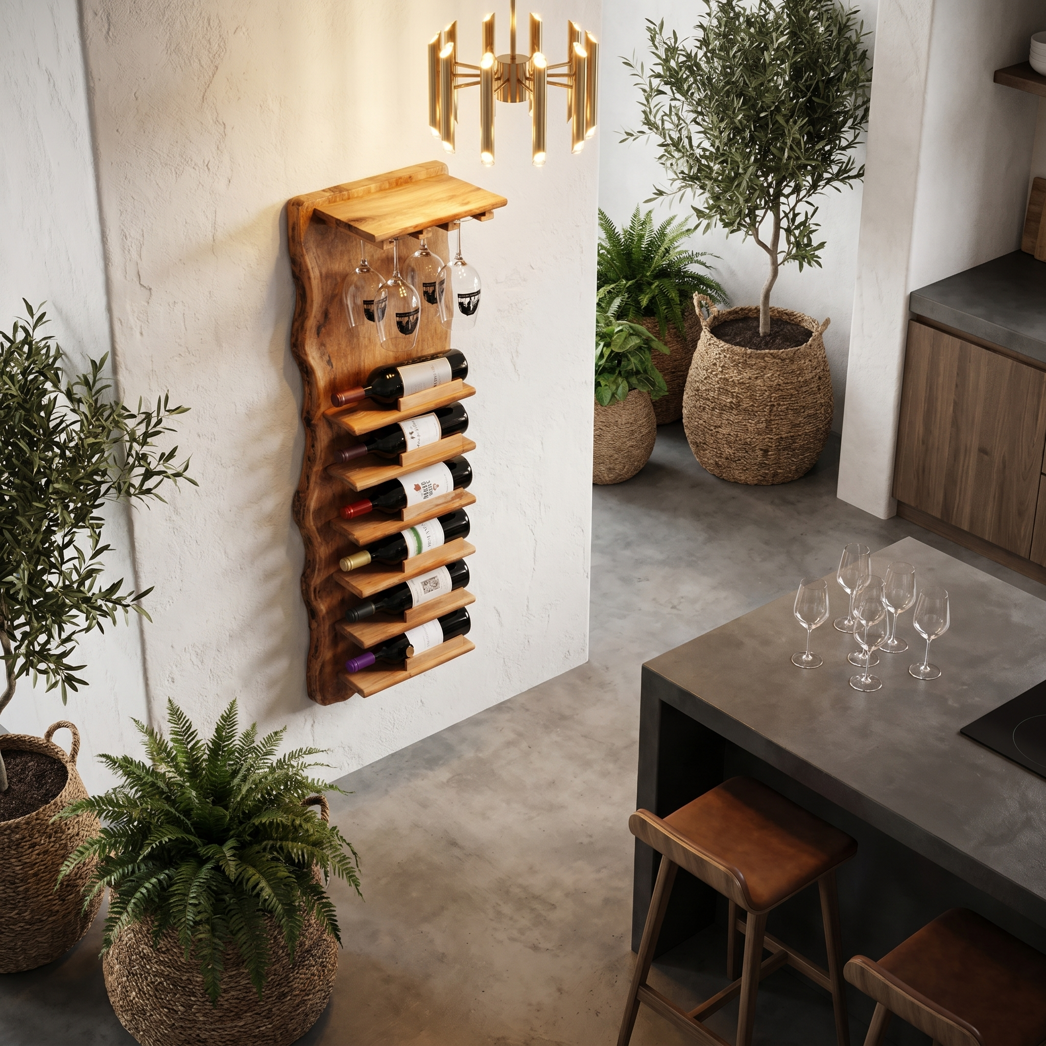 Live Edge Wall Mounted Wine Rack With Glass Holder And Vertical Bottle Storage For Kitchen And Dining Room