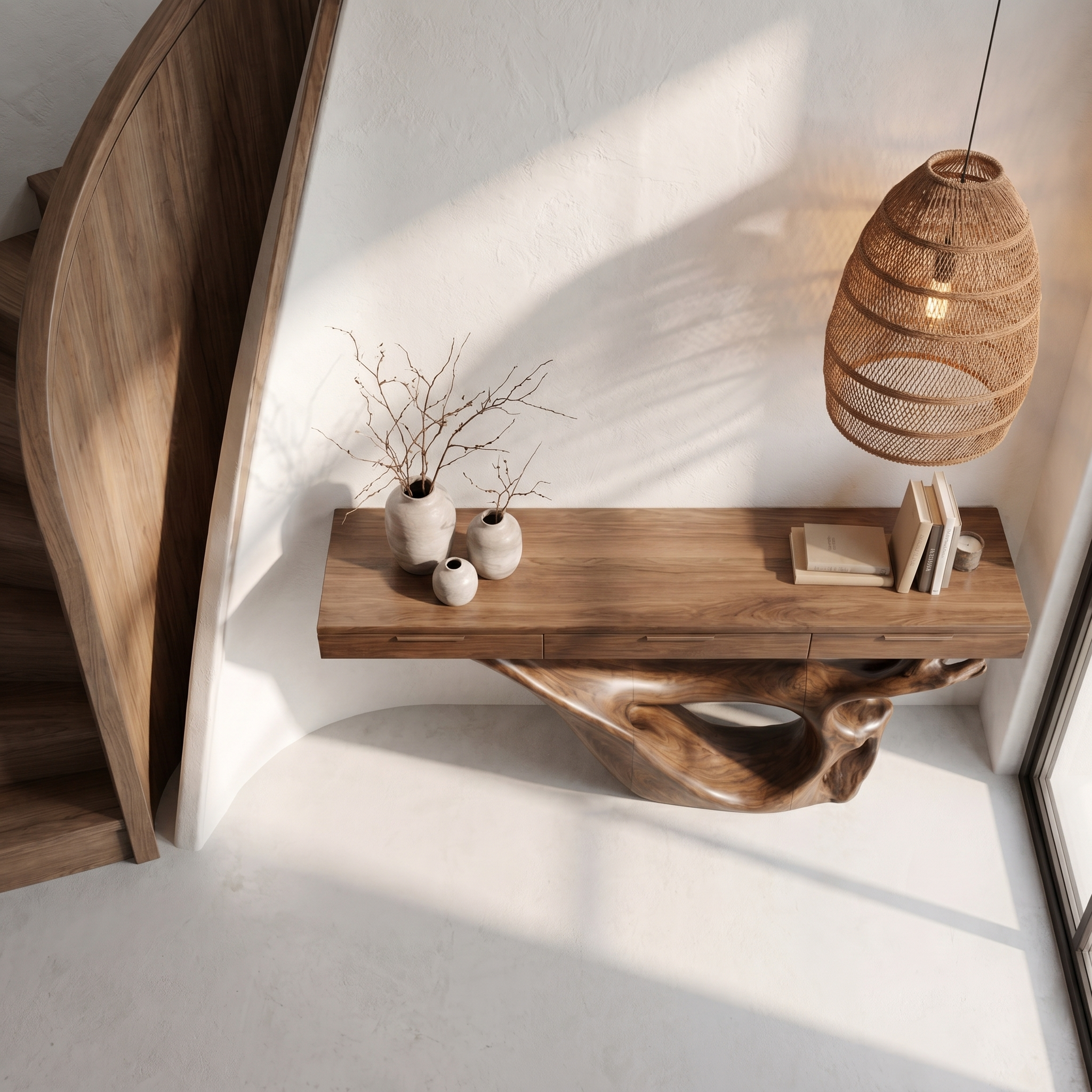 Minimal Console Table With Sculptural Curved Loop Wood Base And Solid Wood Top For Entryway And Living Room