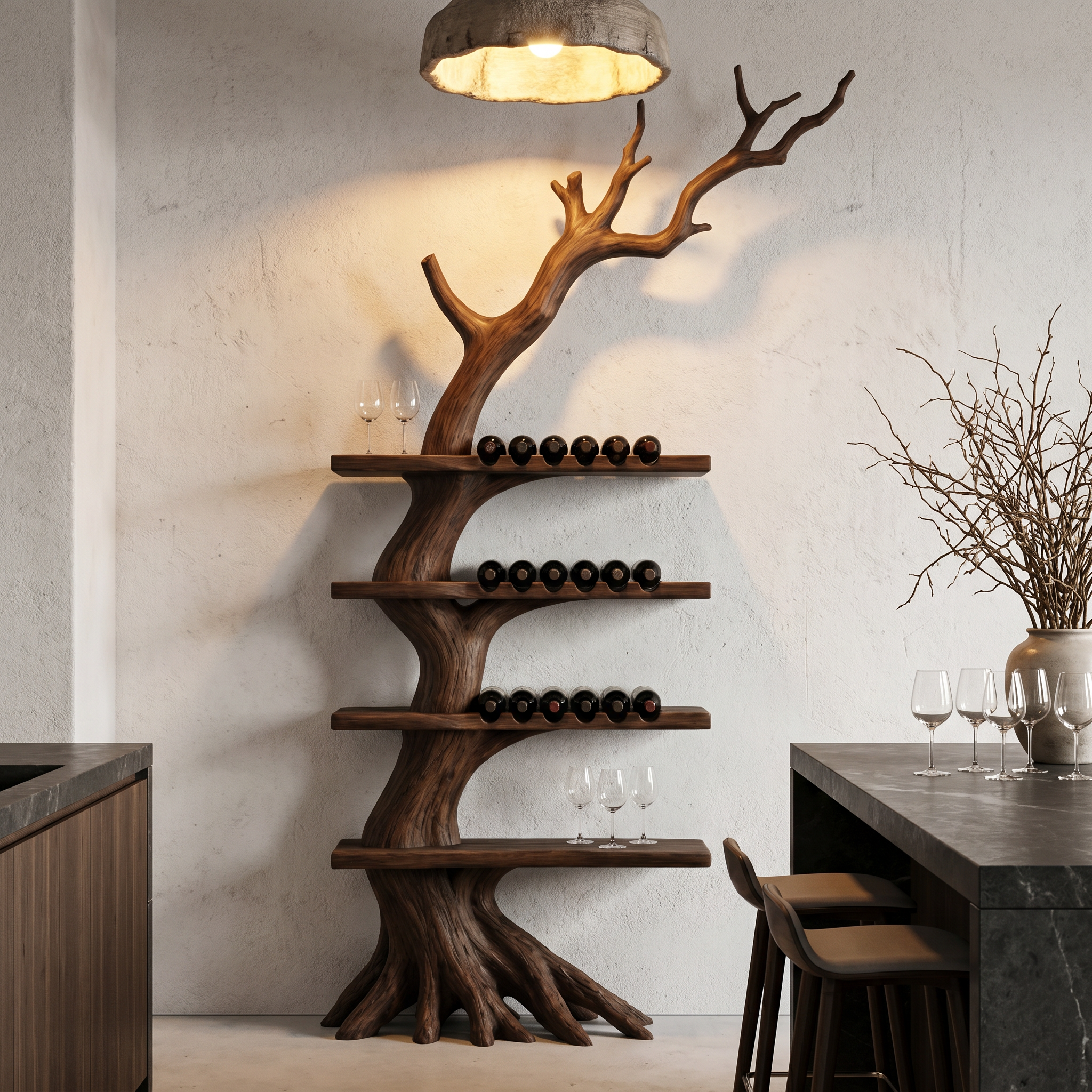 Rustic Tree Wine Rack With Solid Wood Shelves And Branch Inspired Wall Mounted Design For Dining Room
