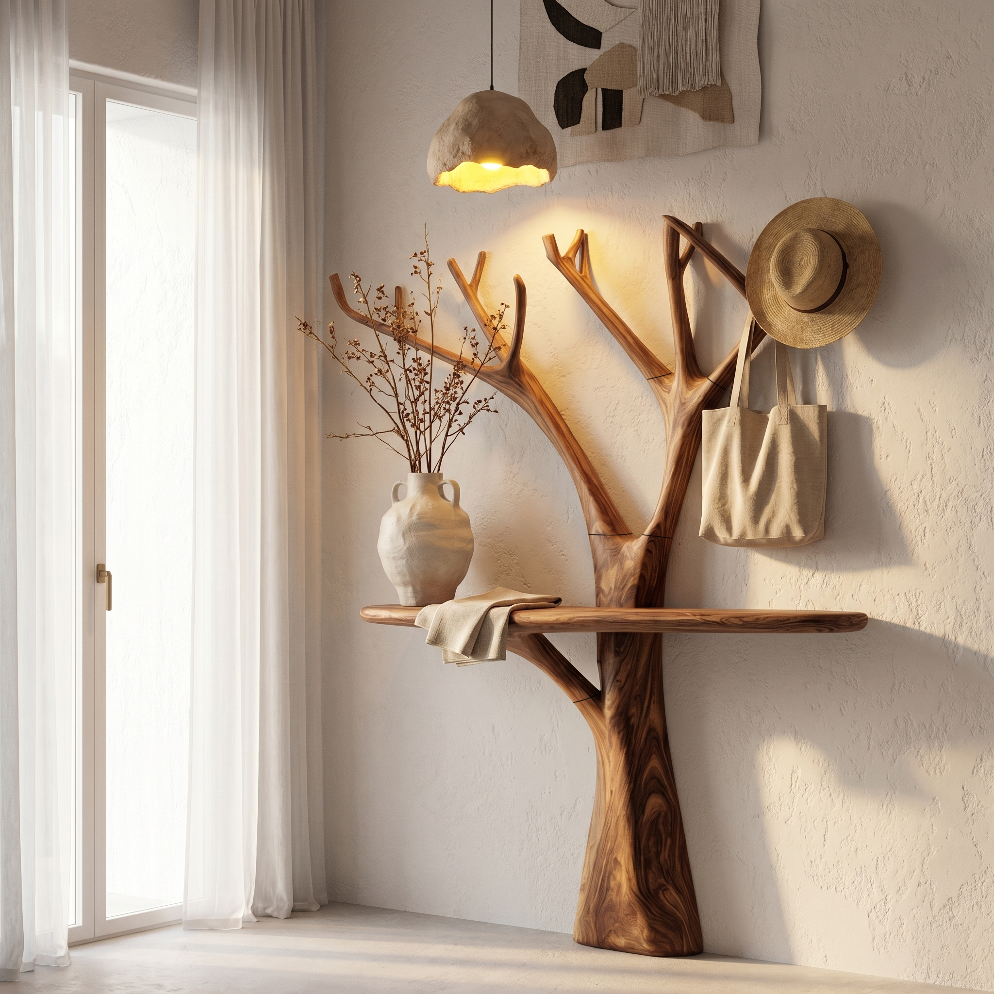 Rustic Organic Console Table With Tree Branch Wood Base For Living Room