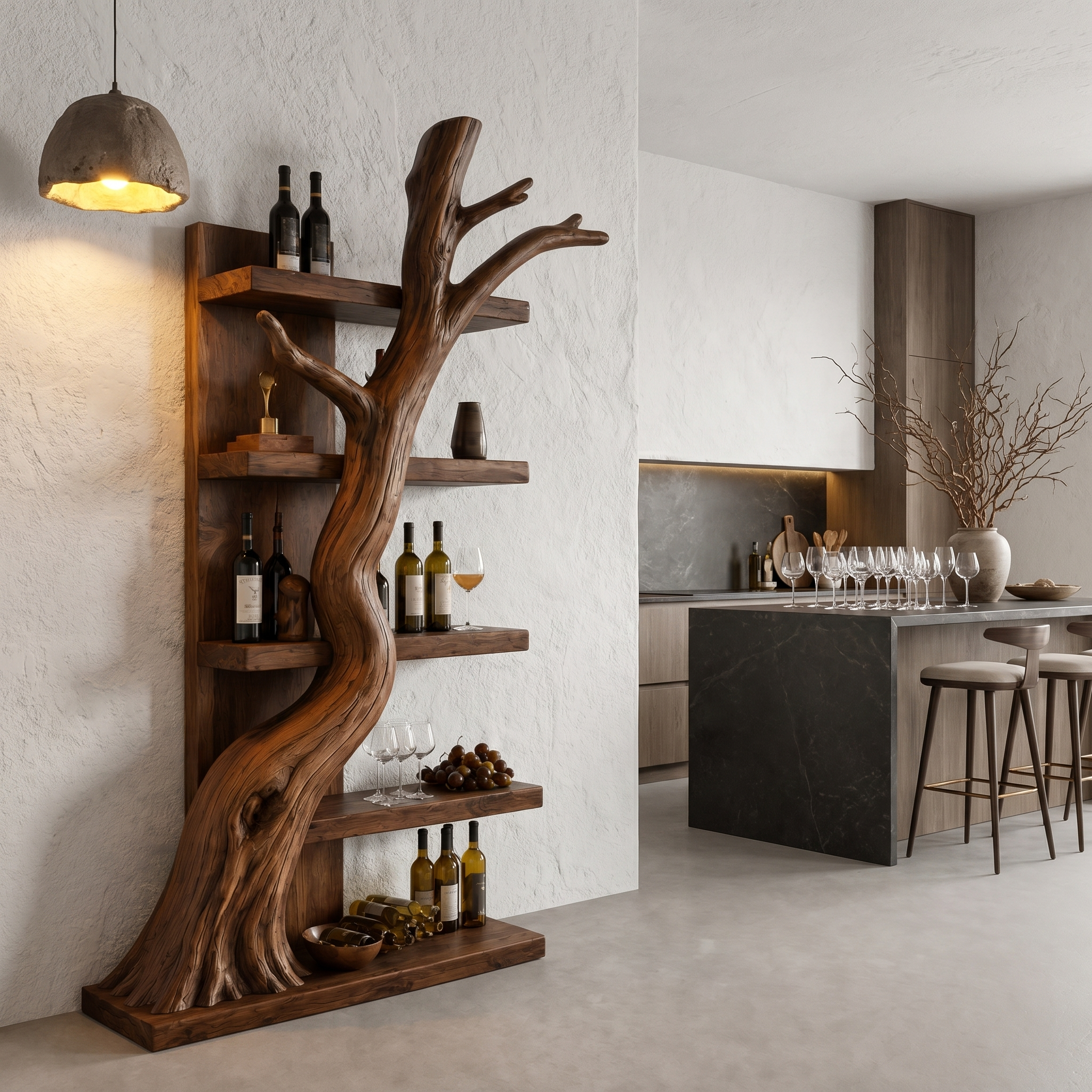 Rustic Tree Wine Rack With Solid Wood Shelves And Sculptural Root Base For Home Bar