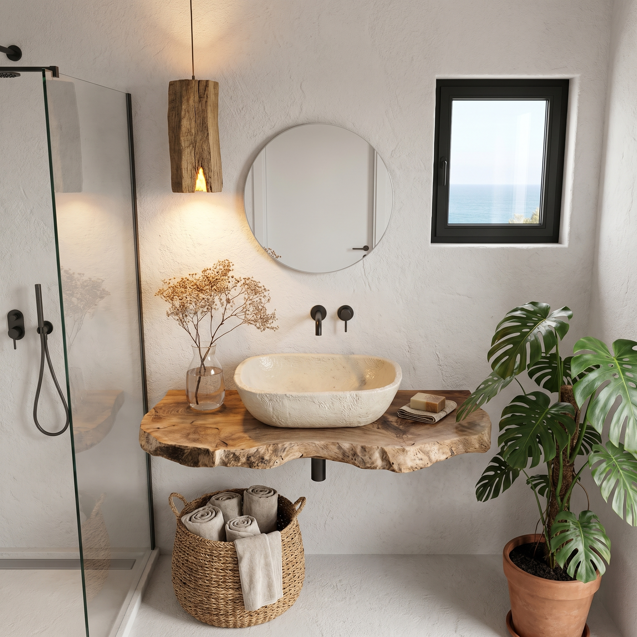 Rustic Floating Bathroom Vanity With Live Edge Wood Shelf For Bathroom And Powder Room