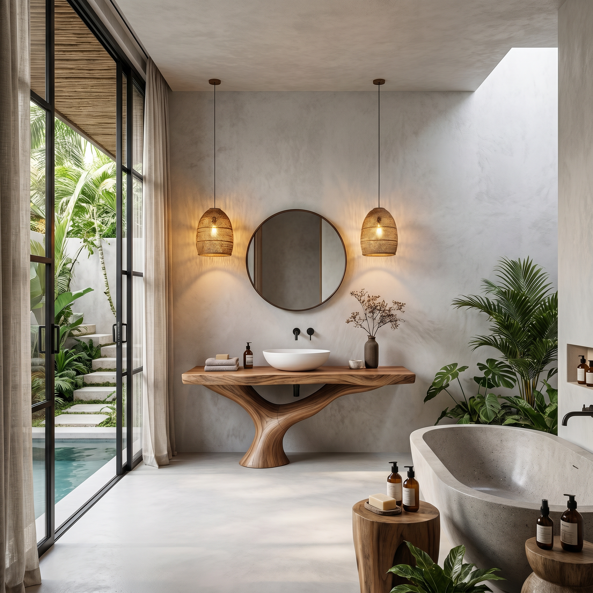Contemporary Bathroom Vanity With Organic Wood Countertop And Artistic Base For Bathroom