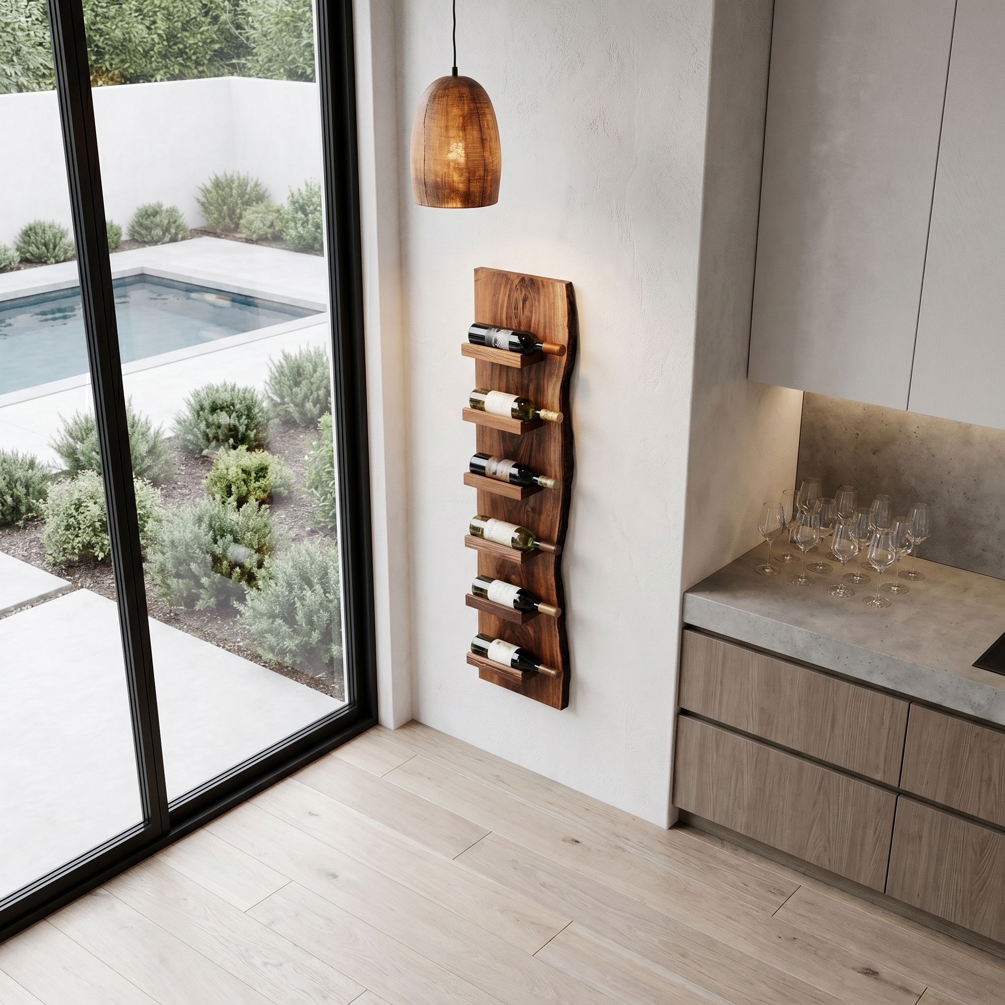 Rustic Wall Mounted Wine Rack With Vertical Wooden Storage Shelves For Kitchen And Dining Room