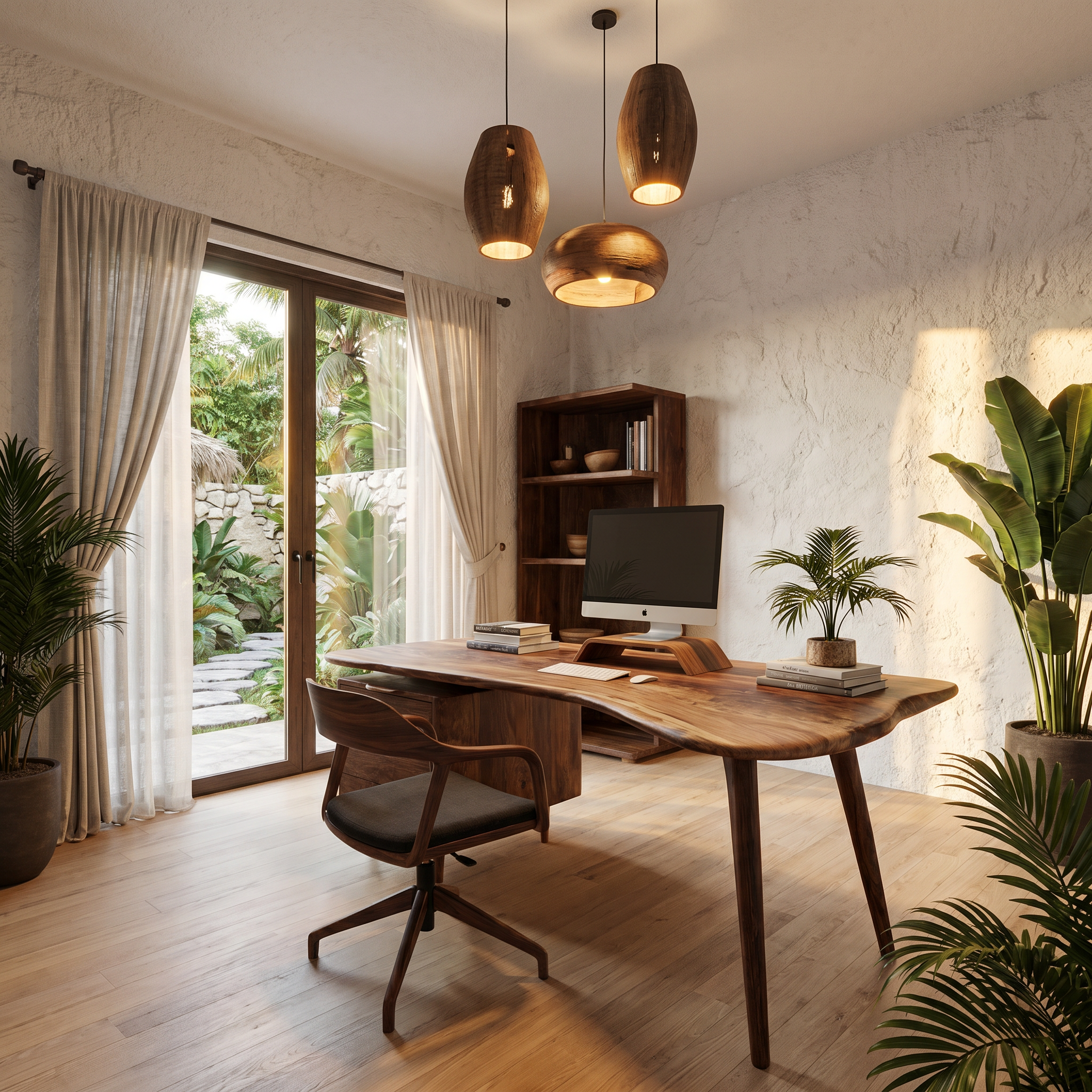 Organic Wooden Desk With Integrated Side Shelves And Built In Drawer Storage For Home Office And Workspace