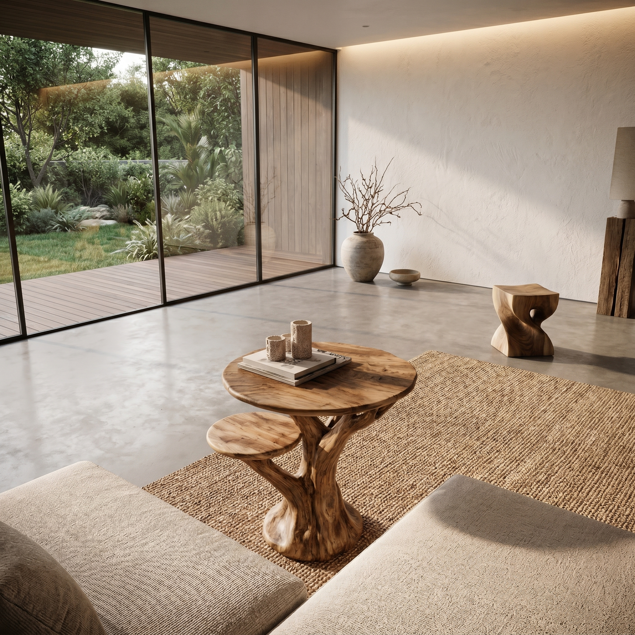 Organic Sculptural Side Table With Tree Inspired Solid Wood Base For Living Room And Bedroom