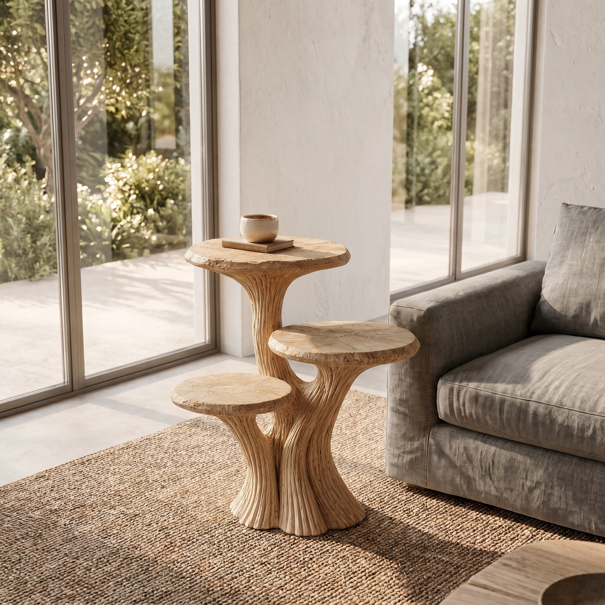 Contemporary Tiered Side Table With Sculptural Solid Wood Design For Living Room And Bedroom