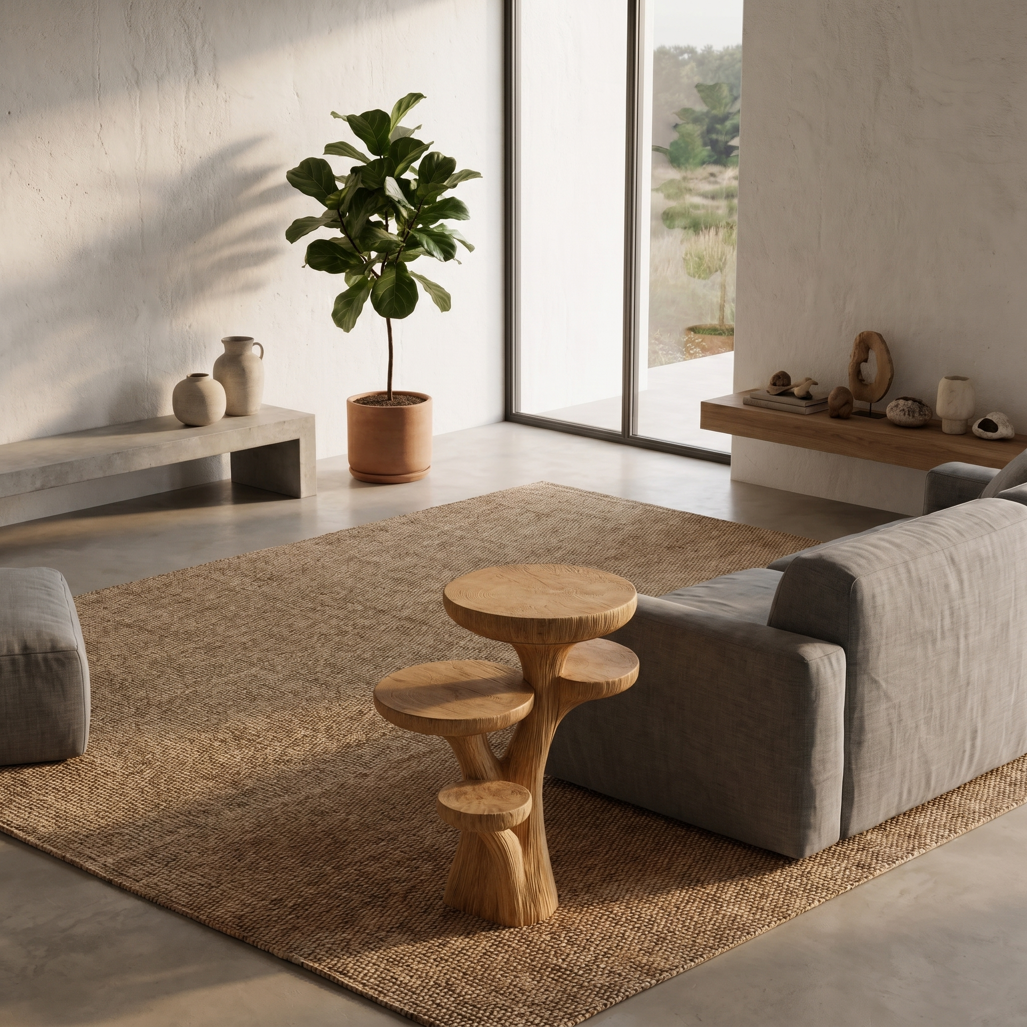 Rustic Sculptural Side Table With Handcrafted Solid Wood Pedestal Base For Living Room And Bedroom