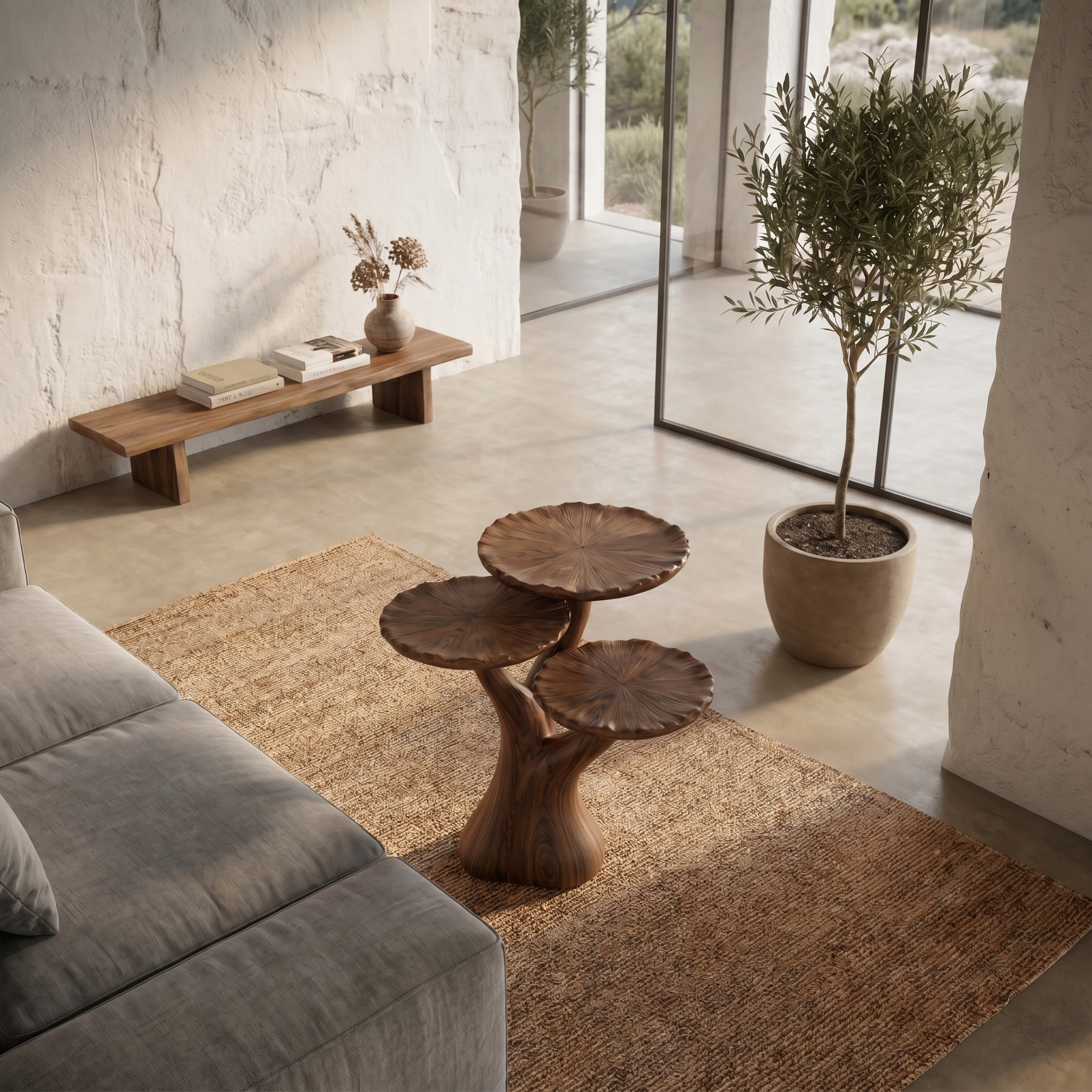Organic Sculptural Side Table With Multi Tier Solid Wood Shelves For Living Room And Bedroom