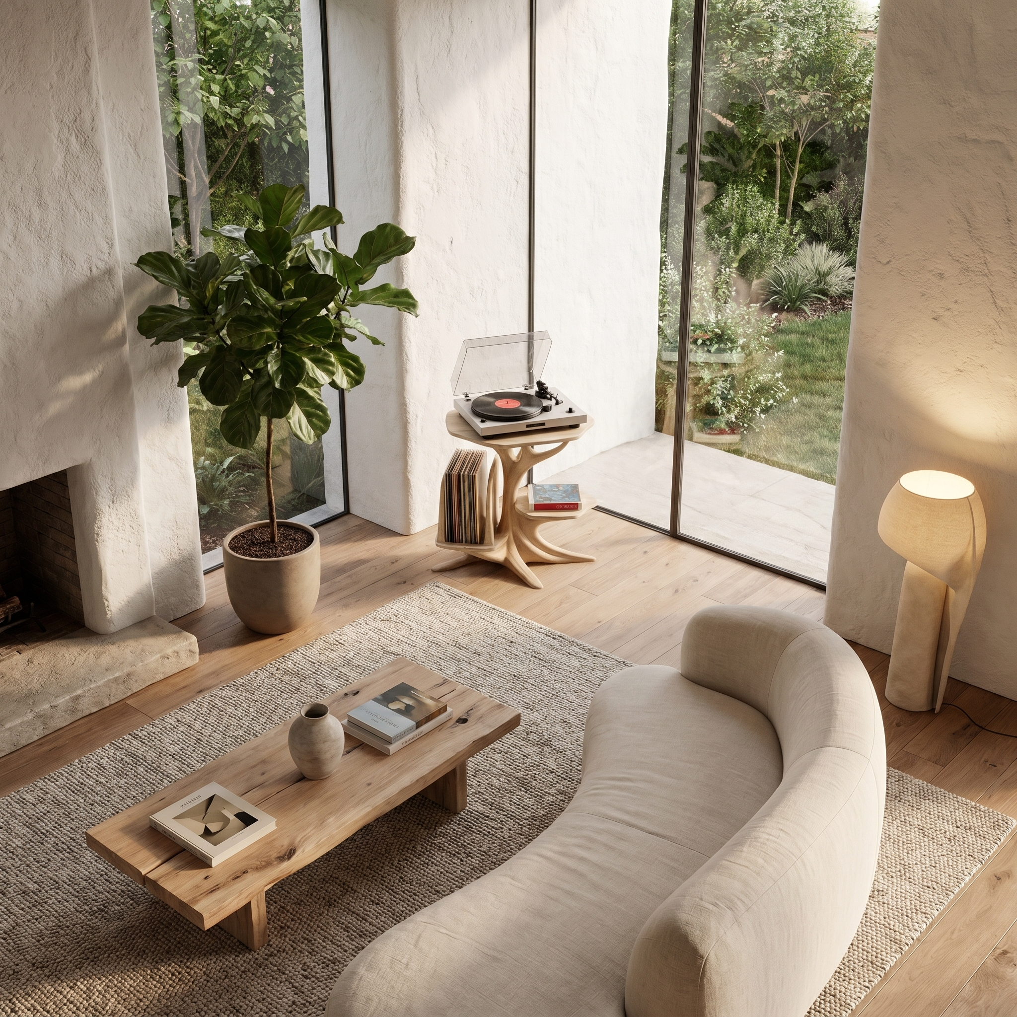 Modern Record Player Stand With Sculptural Solid Wood Base And Vinyl Storage For Living Room