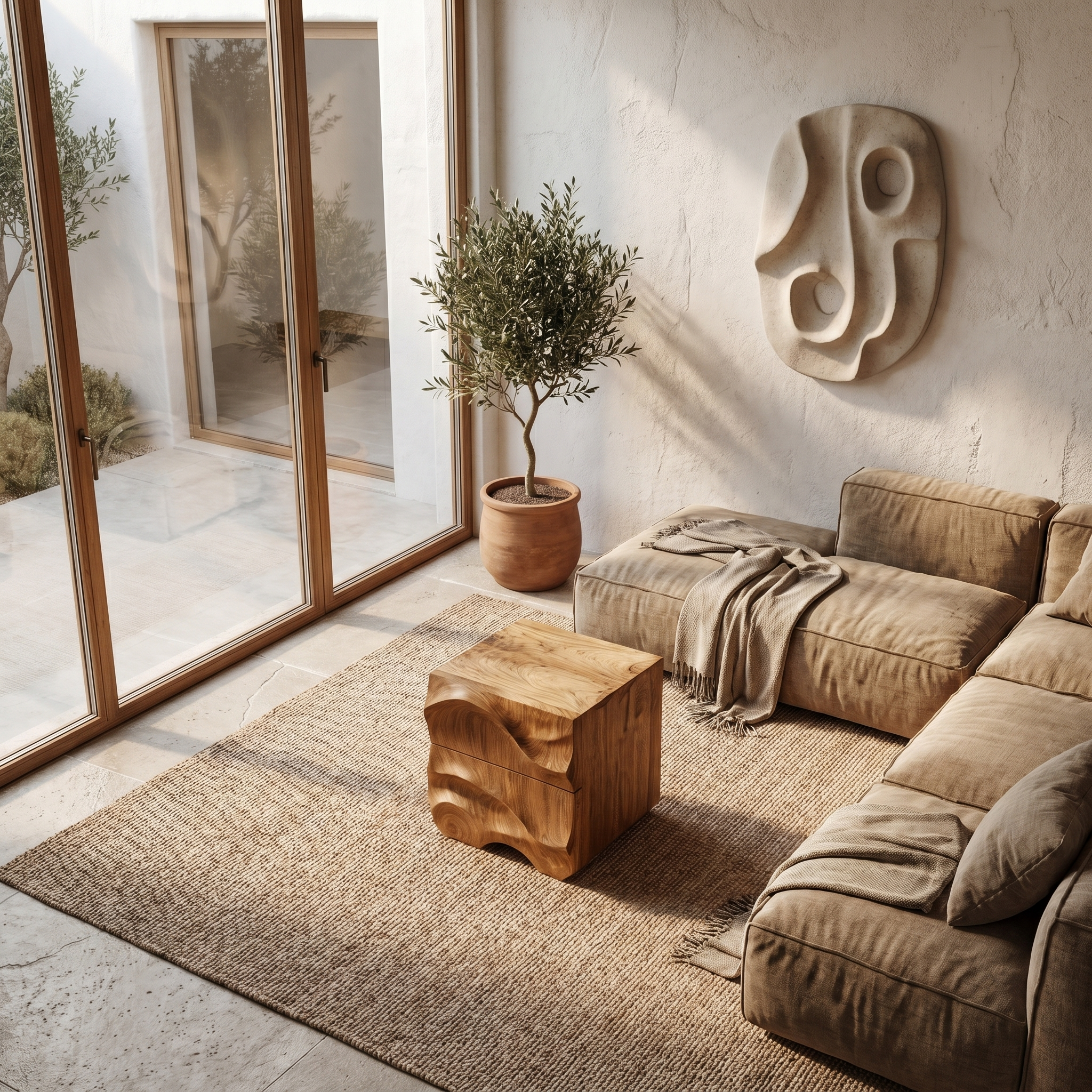 Rustic Sculptural Side Table With Hand Carved Solid Wood Base For Living Room And Bedroom