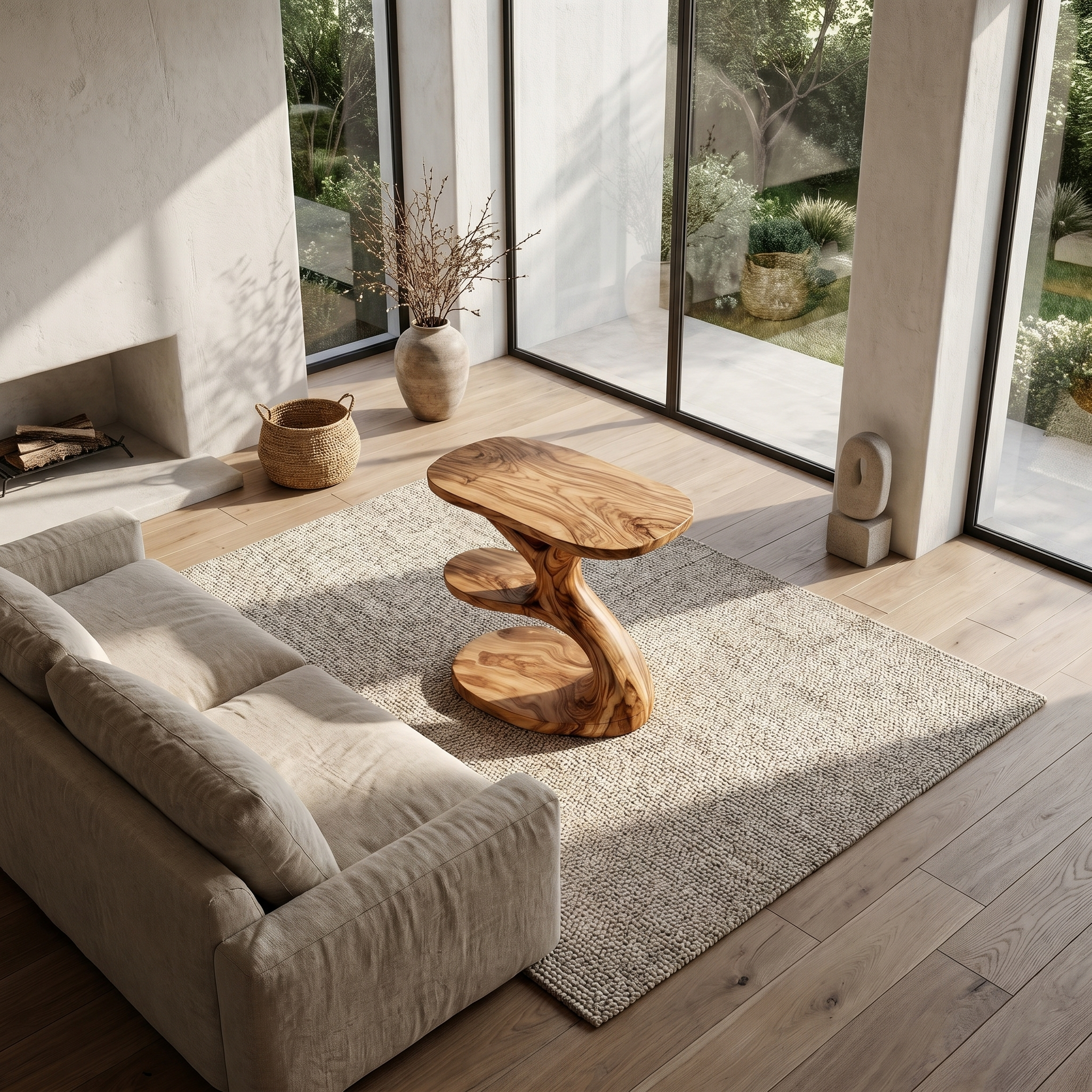 Organic Sculptural Side Table With Multi Tier Solid Wood Shelves For Living Room And Bedroom